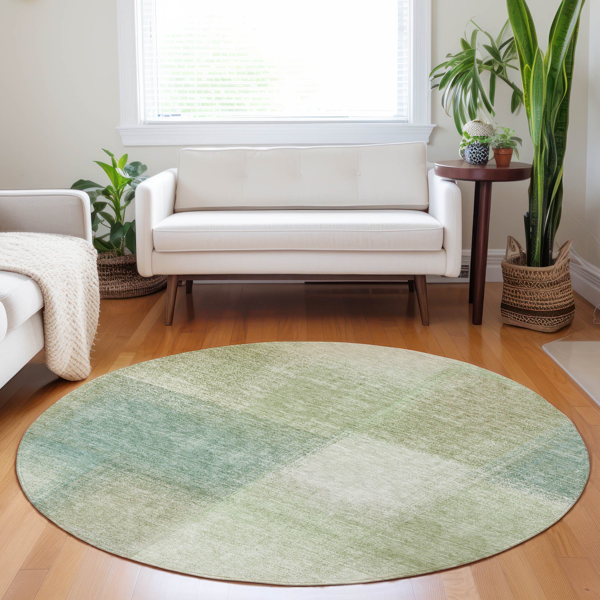 Lisbon Machine Washable Transitional Aloe Green Rug 8' x 8' #shape_Round