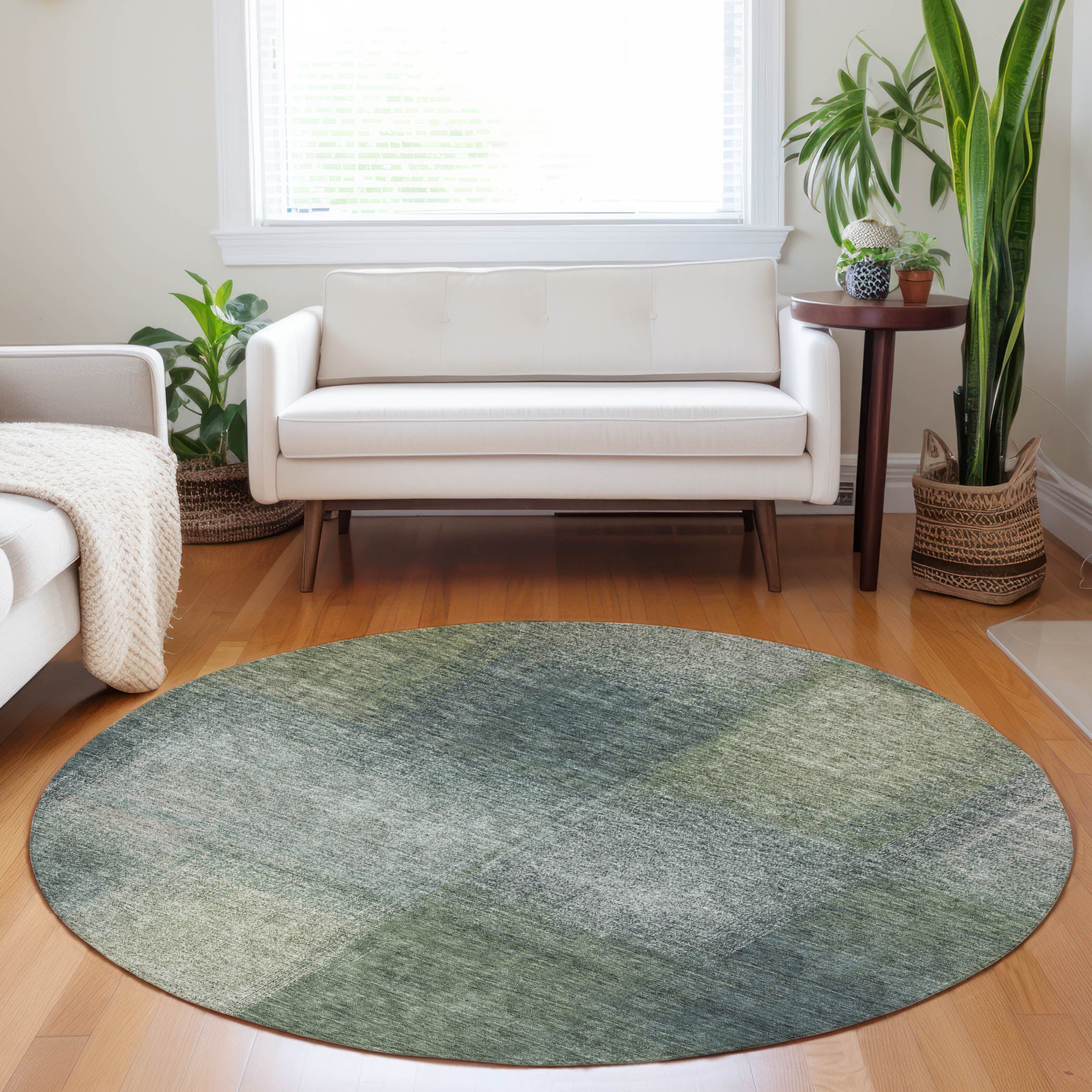 Lisbon Machine Washable Transitional Olive Green Rug 8' x 8' #shape_Round
