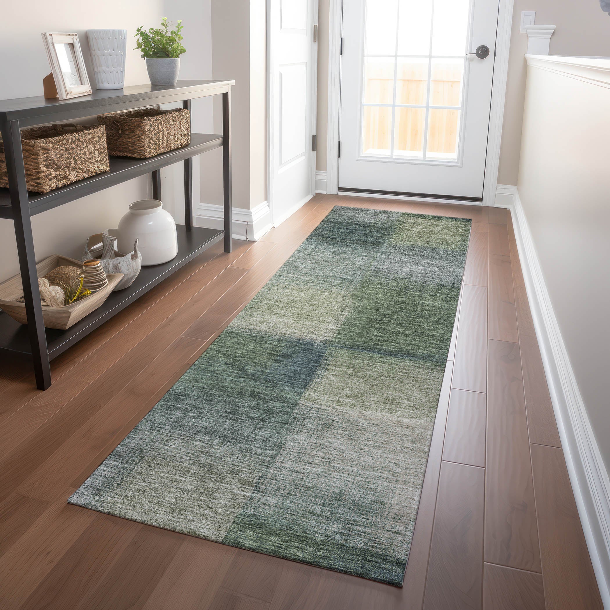 Lisbon Machine Washable Transitional Olive Green Rug 2'3" x 7'6" #shape_Runner