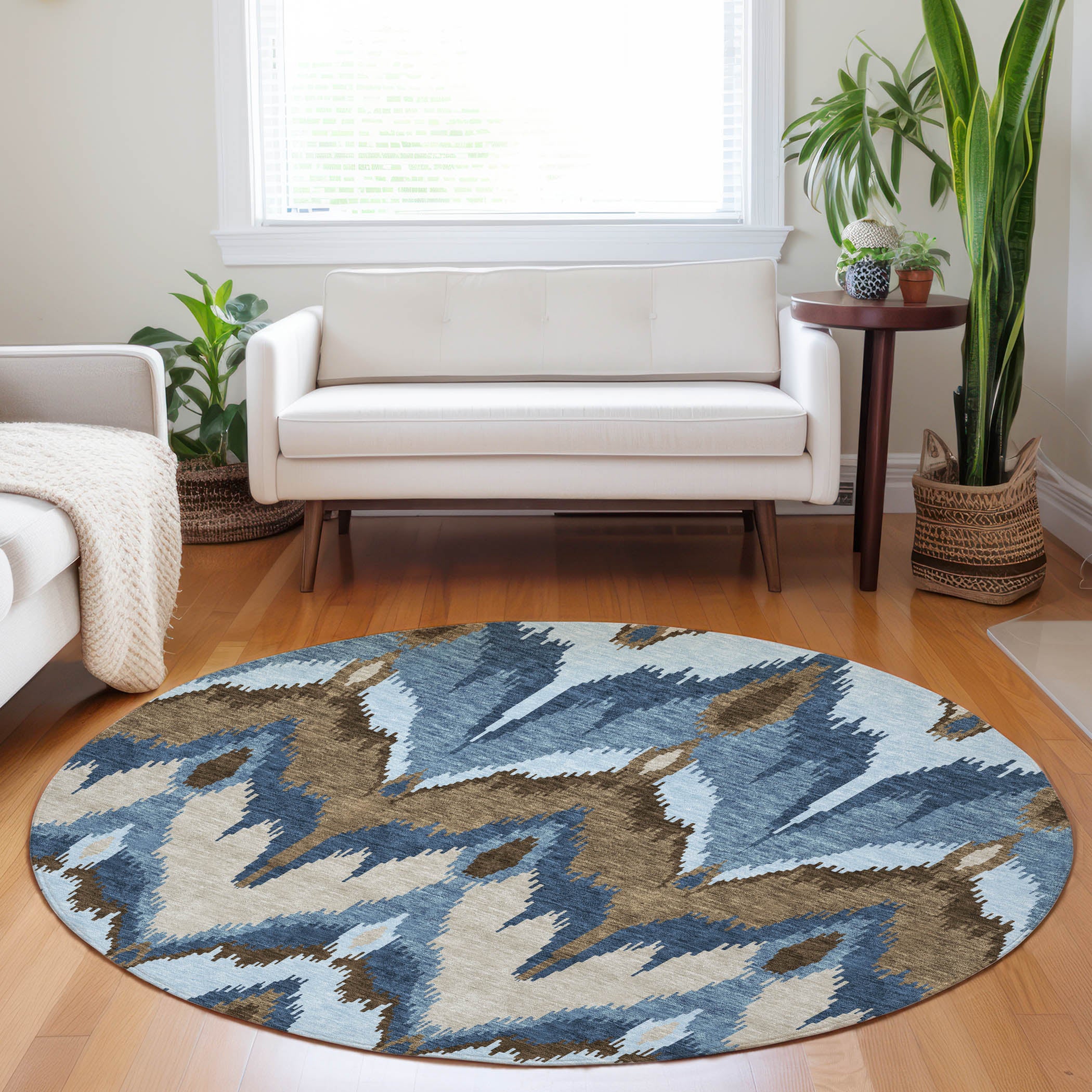 Havana Machine Washable Transitional Blue Rug 8' x 8' #shape_Round