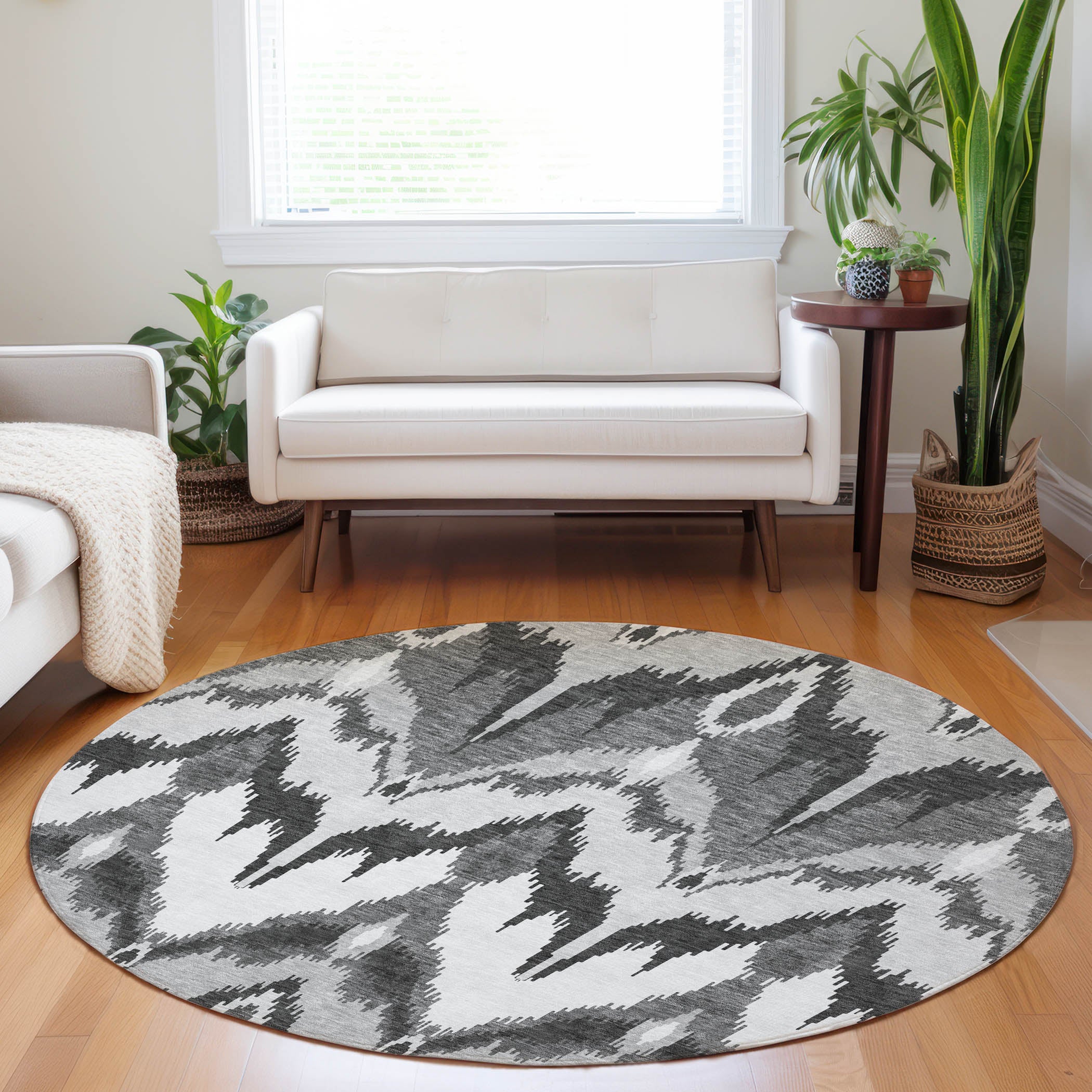 Havana Machine Washable Transitional Gray Rug 8' x 8' #shape_Round