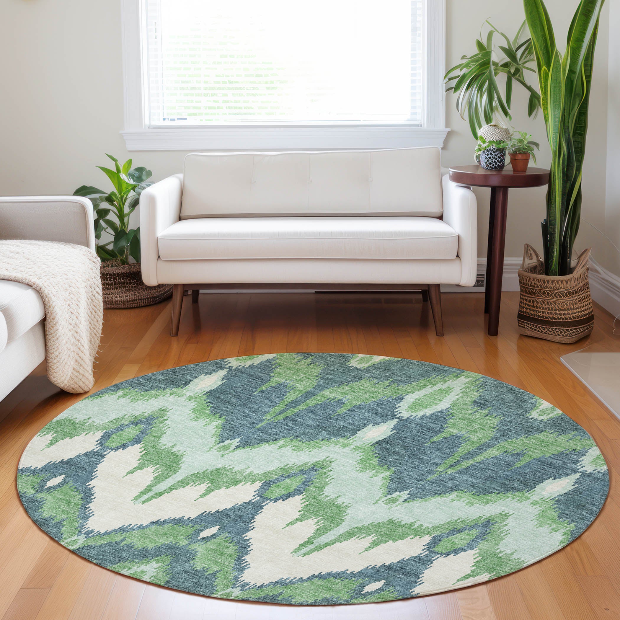 Havana Machine Washable Transitional Green Rug 8' x 8' #shape_Round