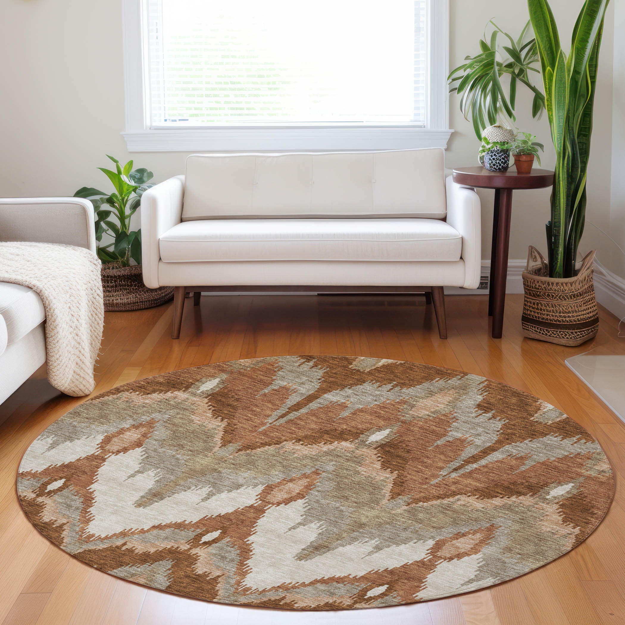 Havana Machine Washable Transitional Paprika Orange Rug 8' x 8' #shape_Round