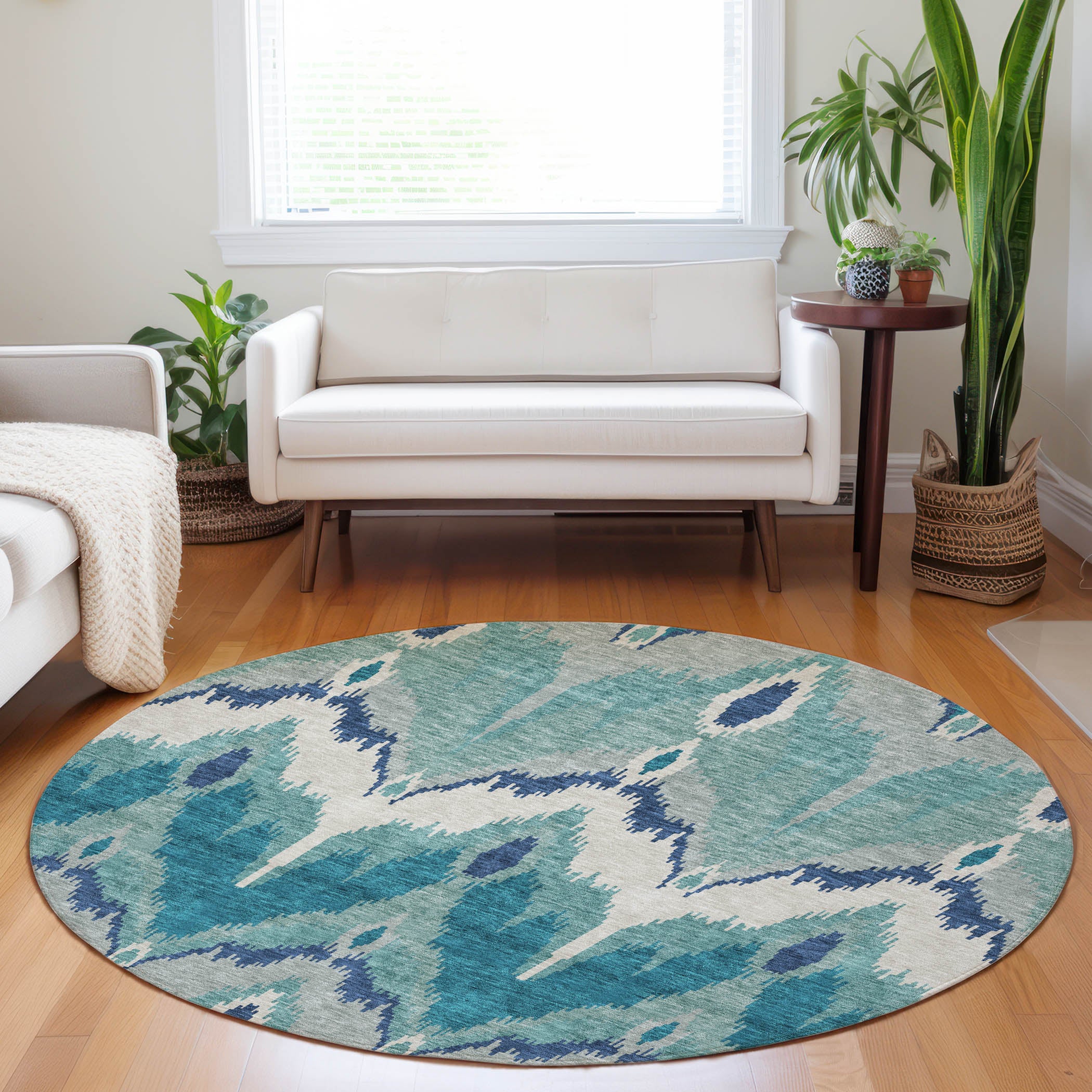 Havana Machine Washable Transitional Teal Rug 8' x 8' #shape_Round