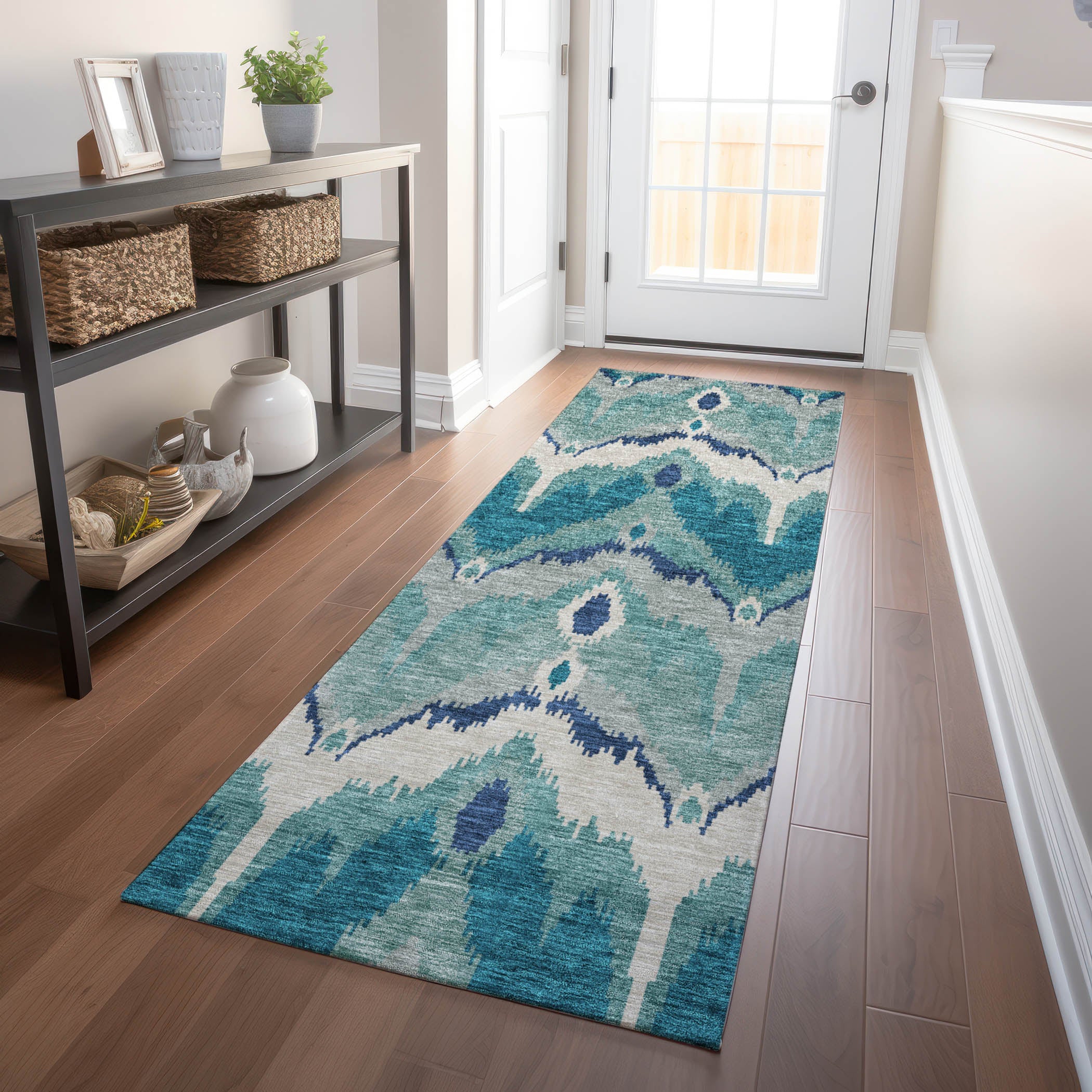 Havana Machine Washable Transitional Teal Rug 2'3" x 7'6" #shape_Runner