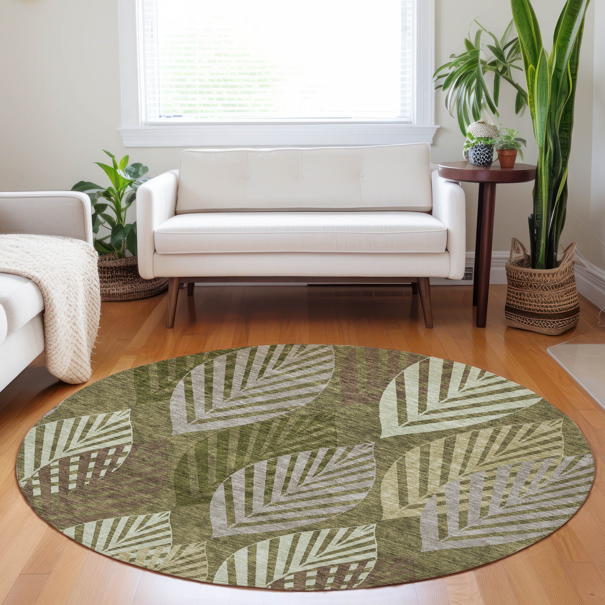 Lucerne Machine Washable Transitional Olive Green Rug 8' x 8' #shape_Round