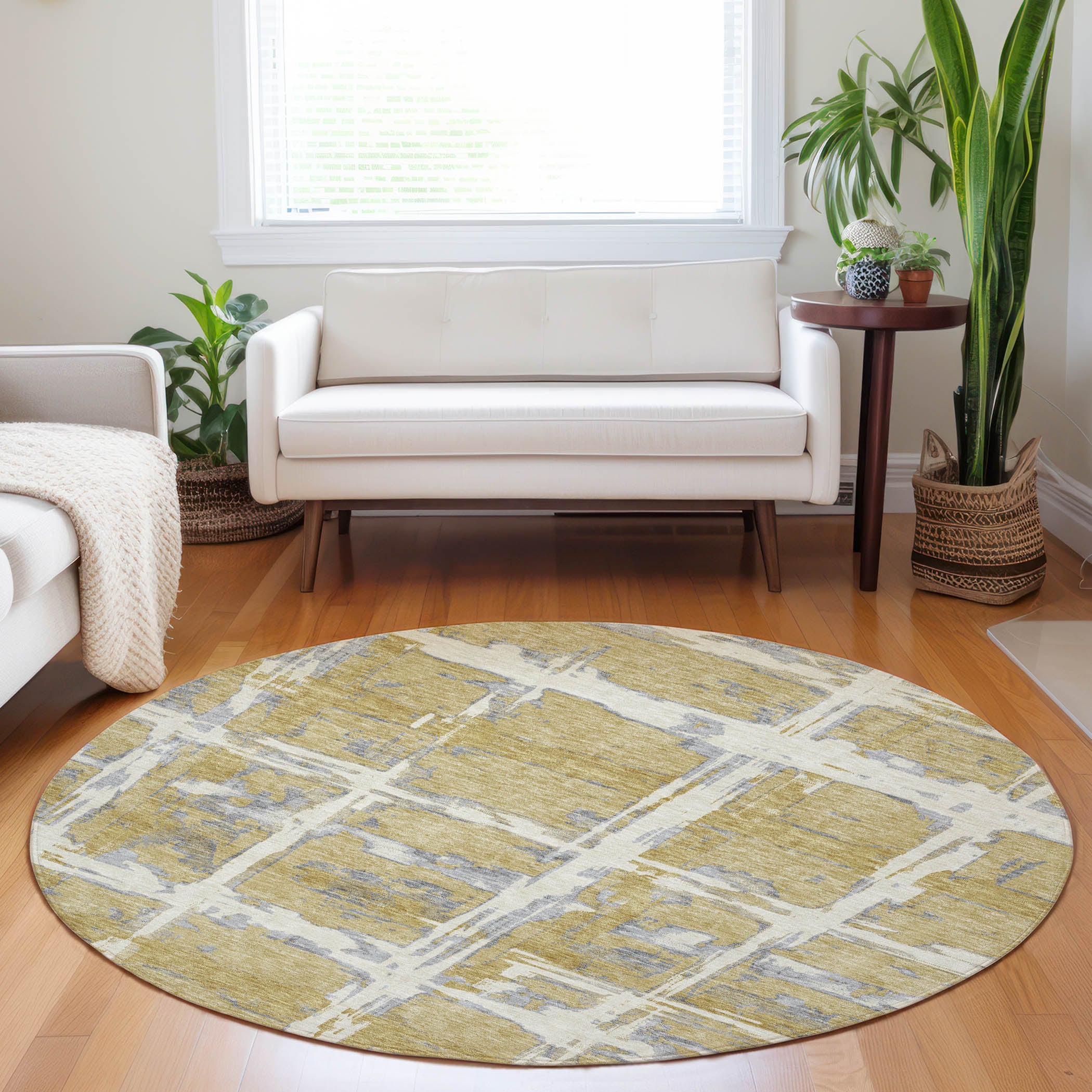 Chiang Mai Machine Washable Transitional Gold Rug 8' x 8' #shape_Round