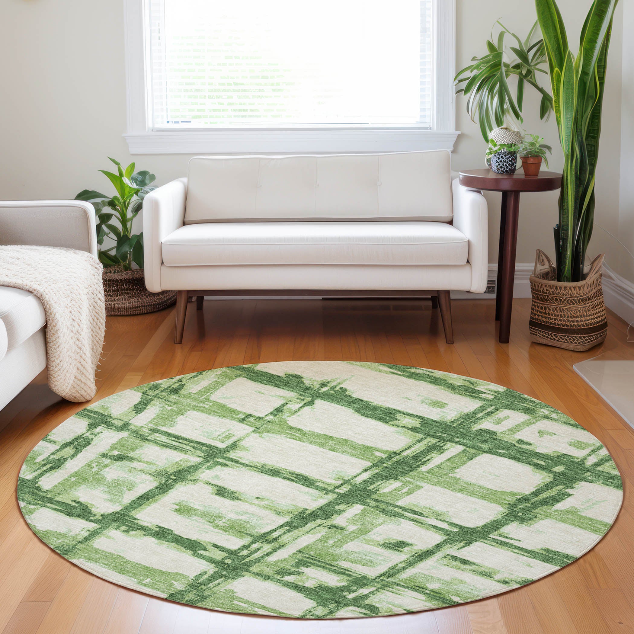 Chiang Mai Machine Washable Transitional Green Rug 8' x 8' #shape_Round