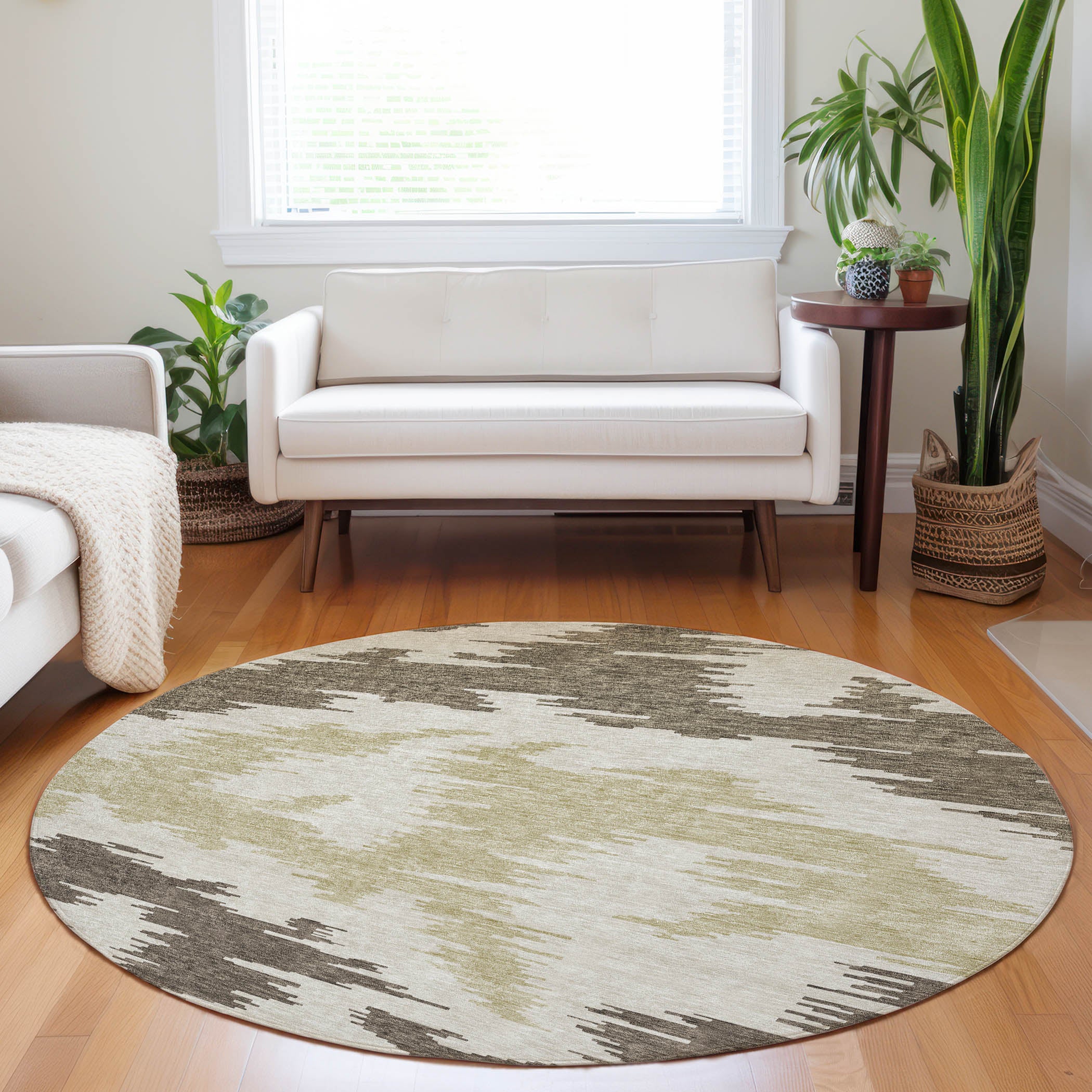 Florence Machine Washable Transitional Chocolate Brown Rug 8' x 8' #shape_Round