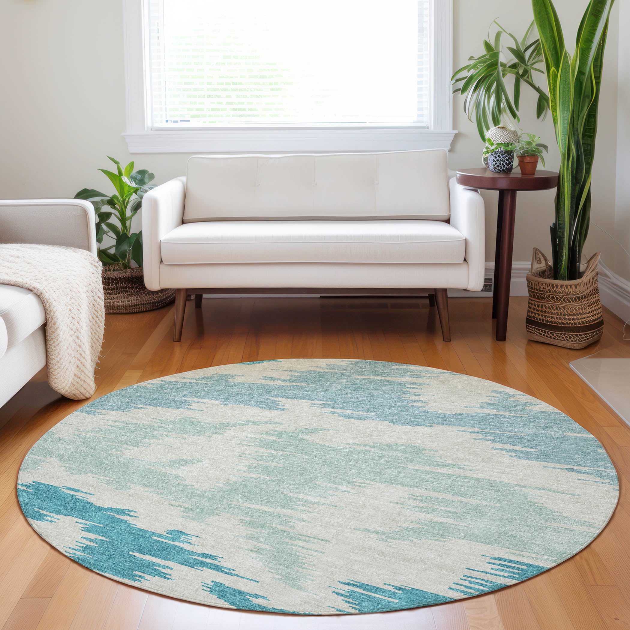 Florence Machine Washable Transitional Teal Rug 8' x 8' #shape_Round