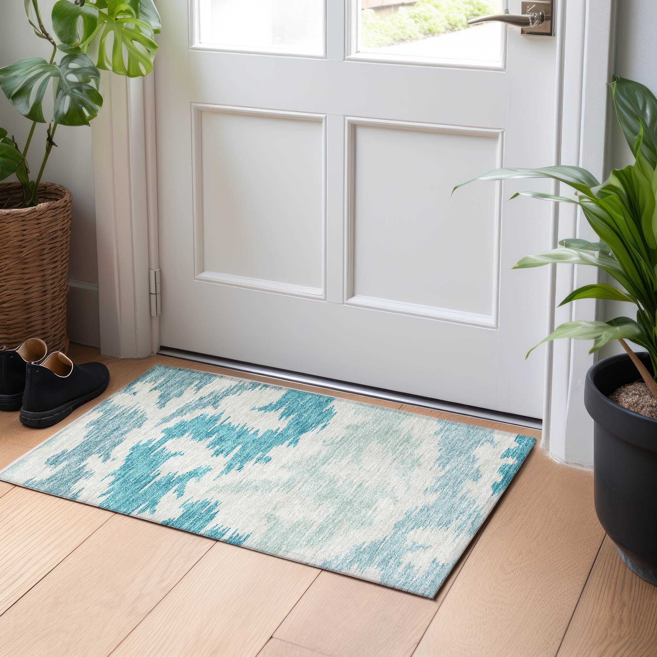 Florence Machine Washable Transitional Teal Rug 1'8" x 2'6" #shape_Rectangle