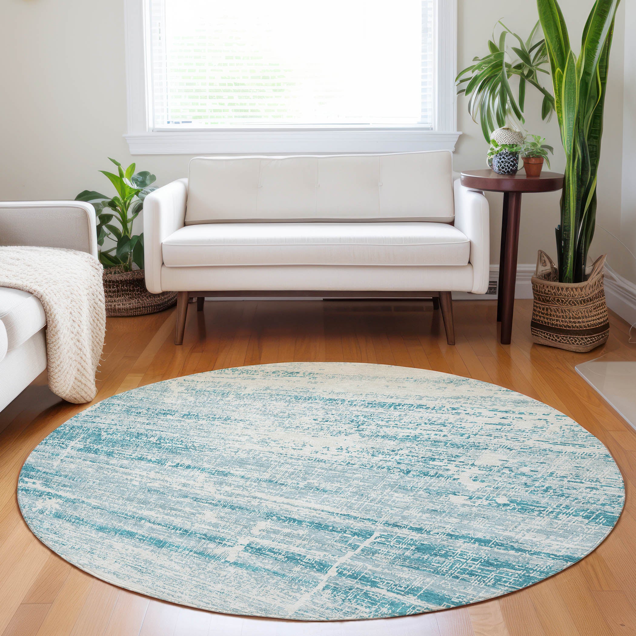 Havana Machine Washable Transitional Teal Rug 8' x 8' #shape_Round