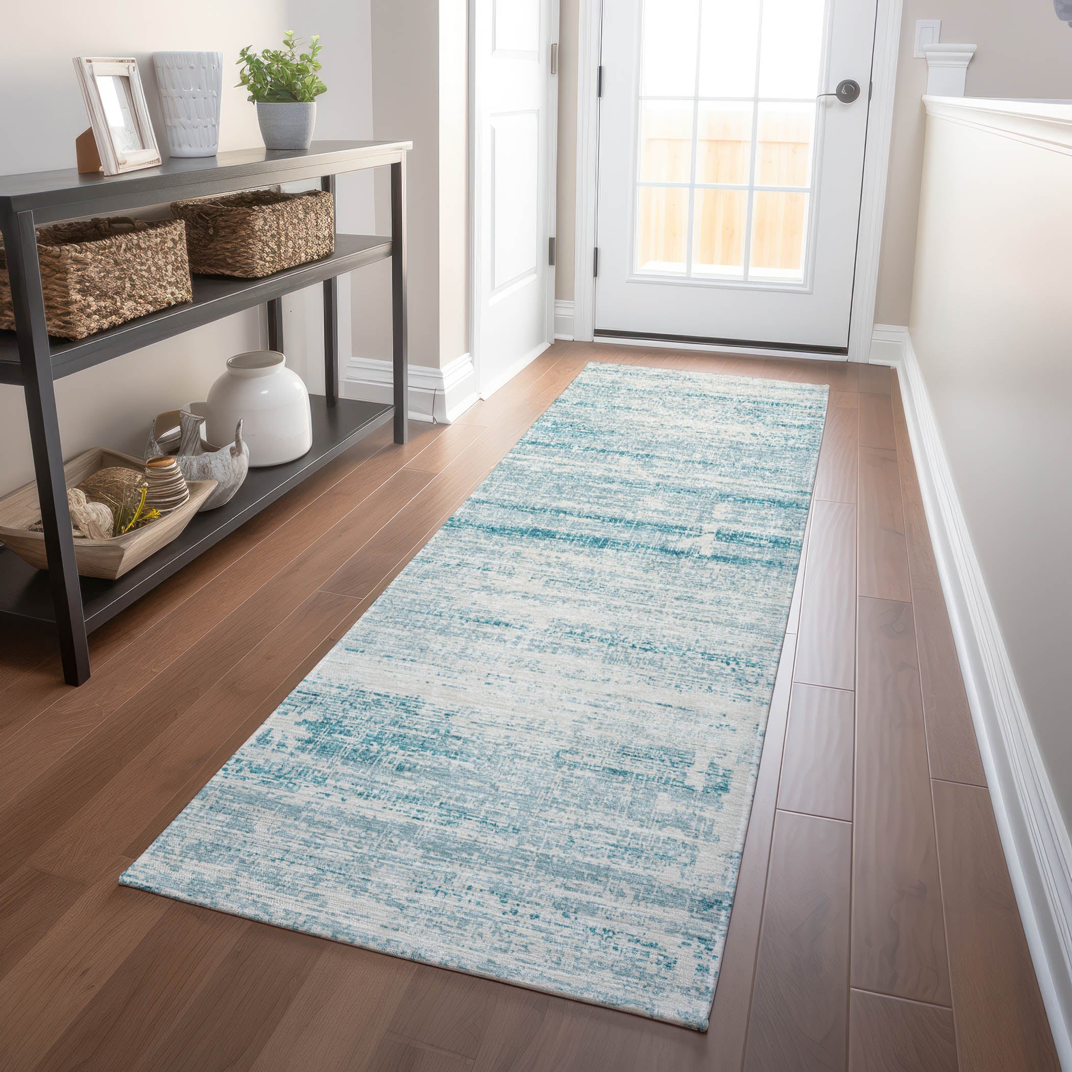 Havana Machine Washable Transitional Teal Rug 2'3" x 7'6" #shape_Runner