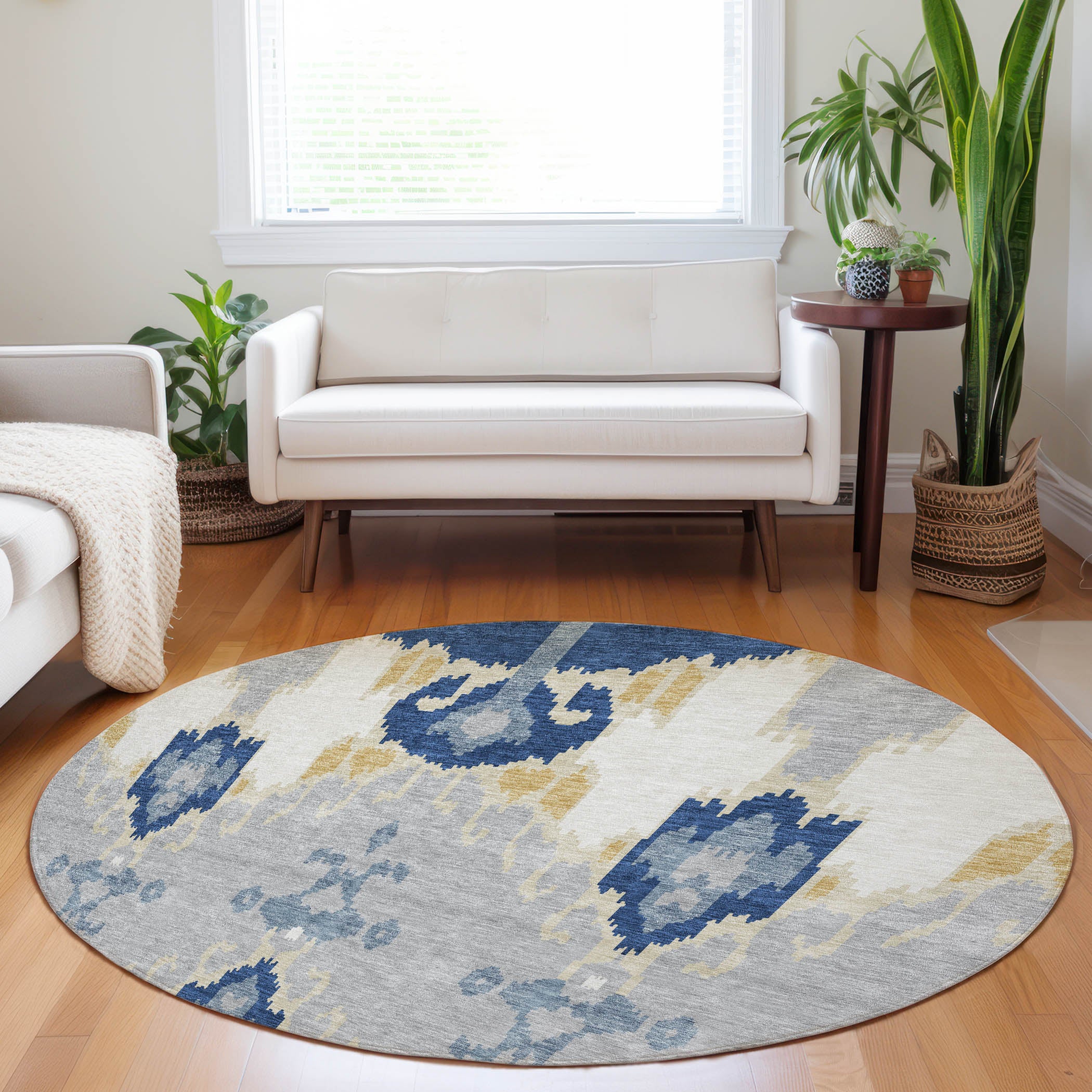 Mdina Machine Washable Transitional Navy Blue Rug 8' x 8' #shape_Round