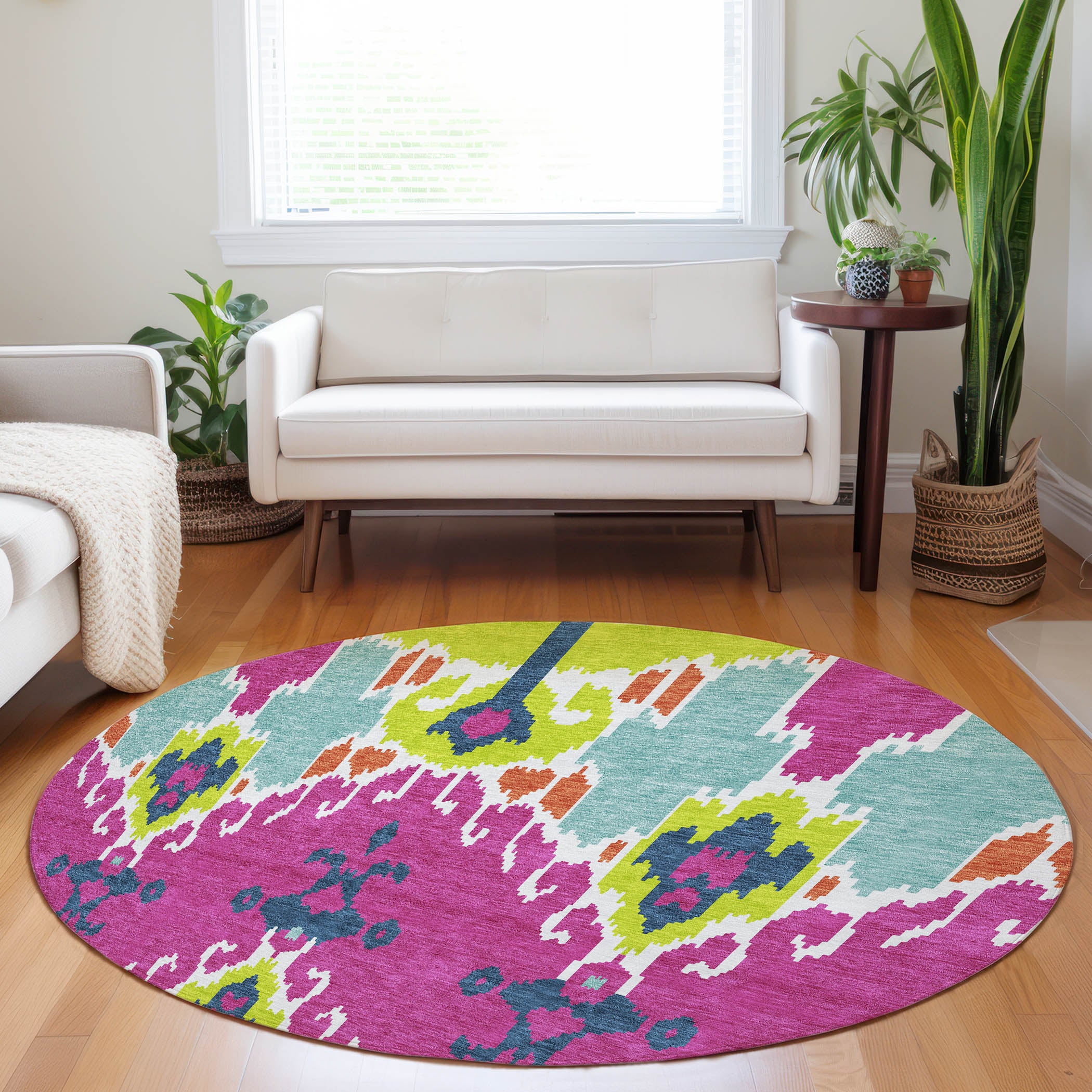 Mdina Machine Washable Transitional Pink Rug 8' x 8' #shape_Round