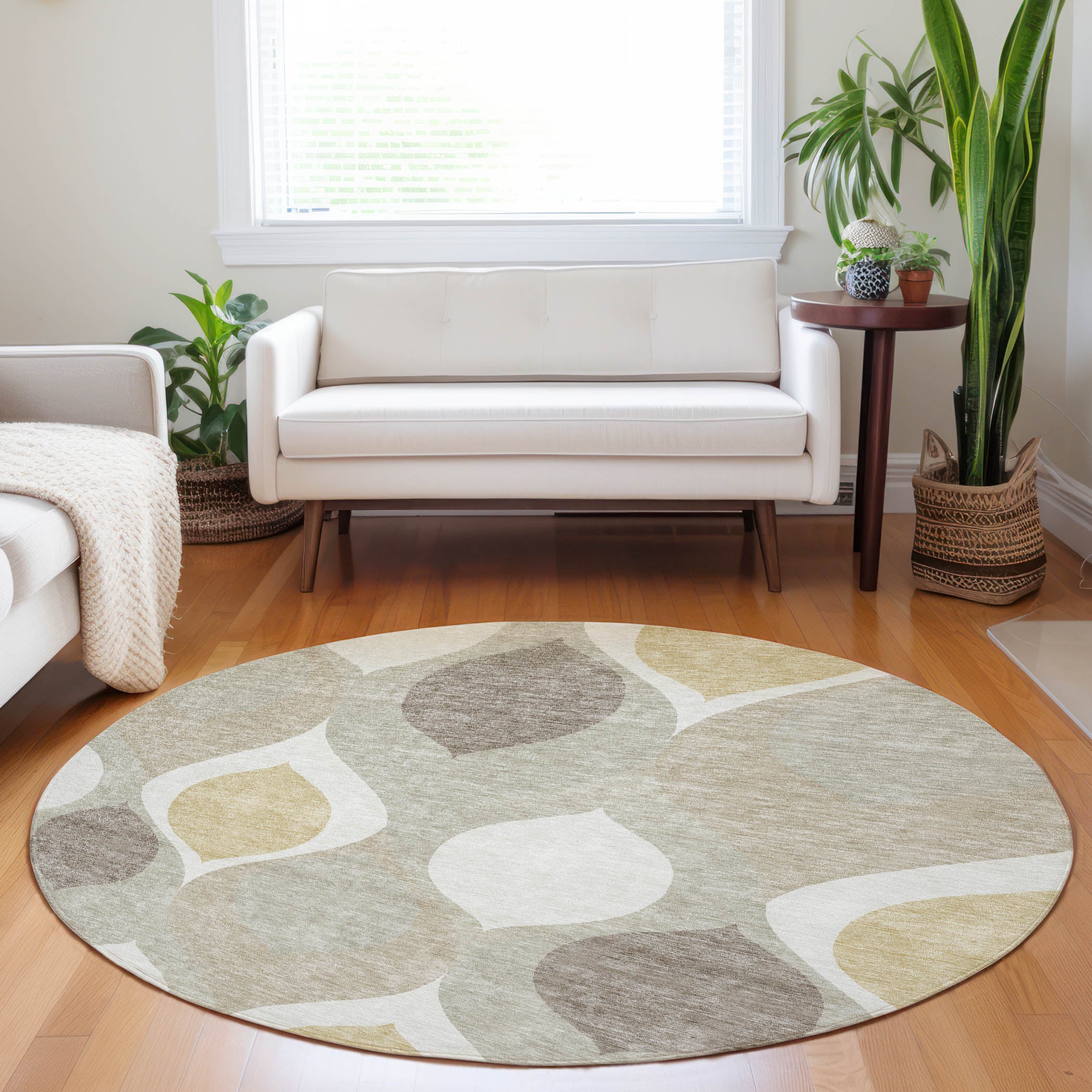 Tbilisi Machine Washable Transitional Beige Brown Rug 8' x 8' #shape_Round