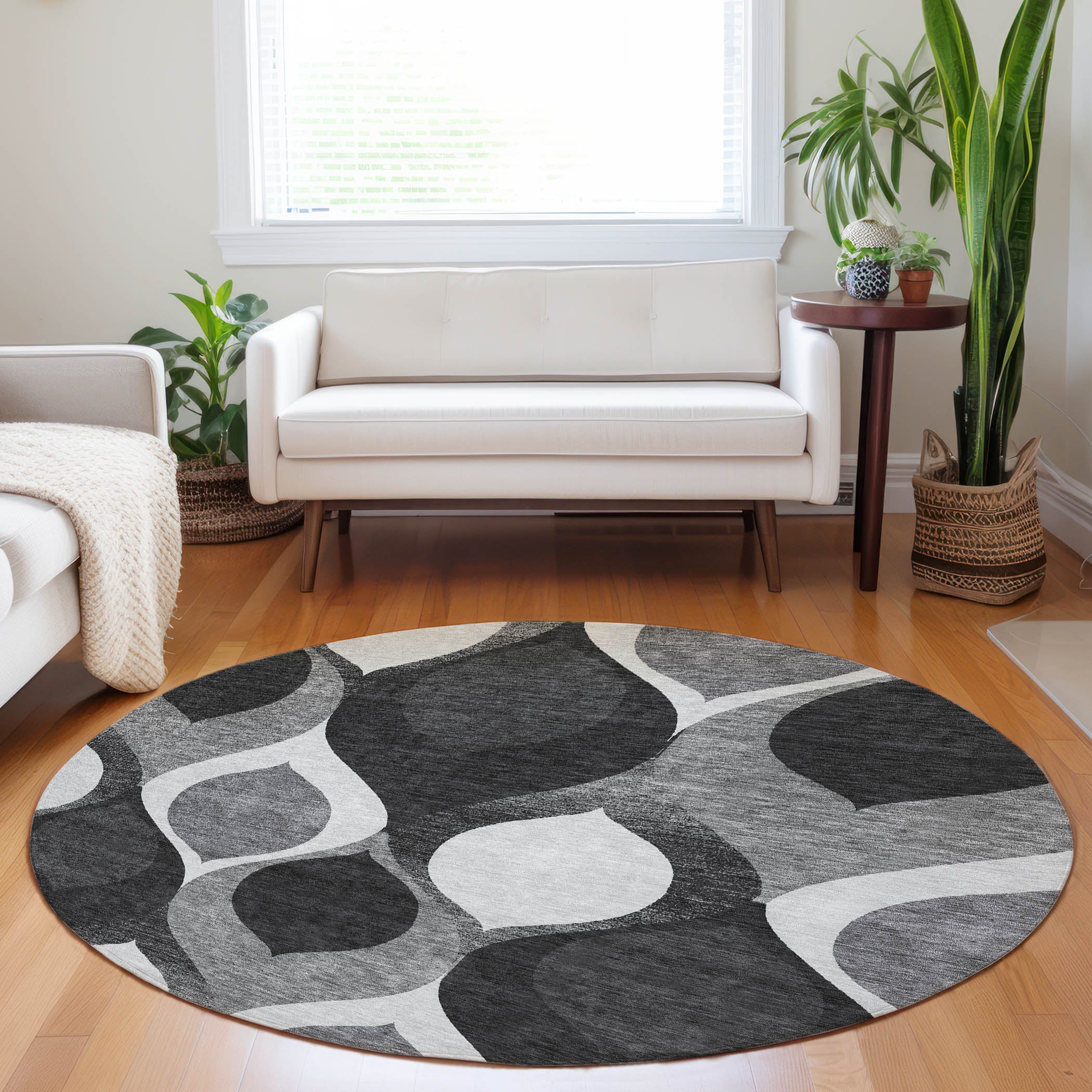 Tbilisi Machine Washable Transitional Black Rug 8' x 8' #shape_Round