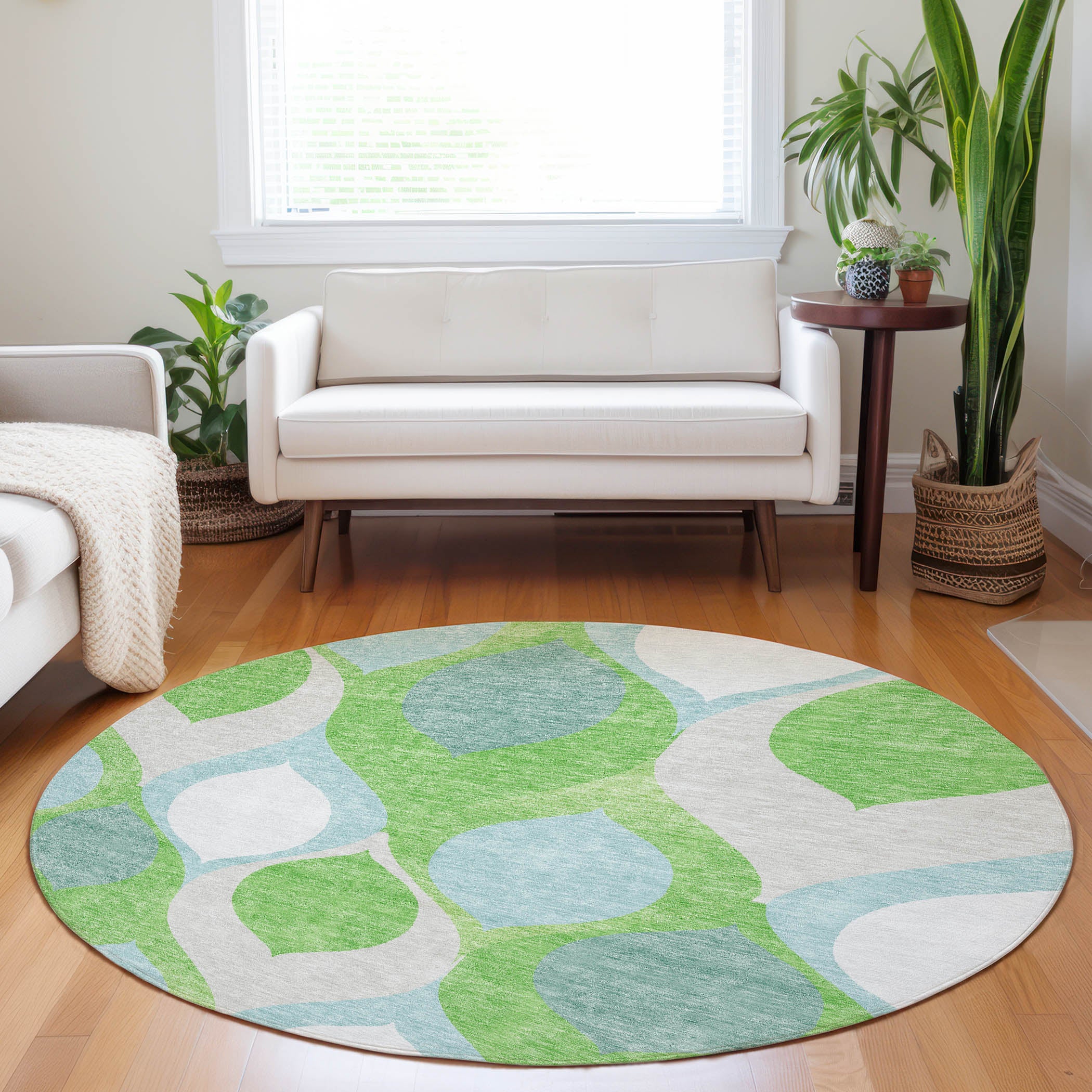 Tbilisi Machine Washable Transitional Lime Green Rug 8' x 8' #shape_Round