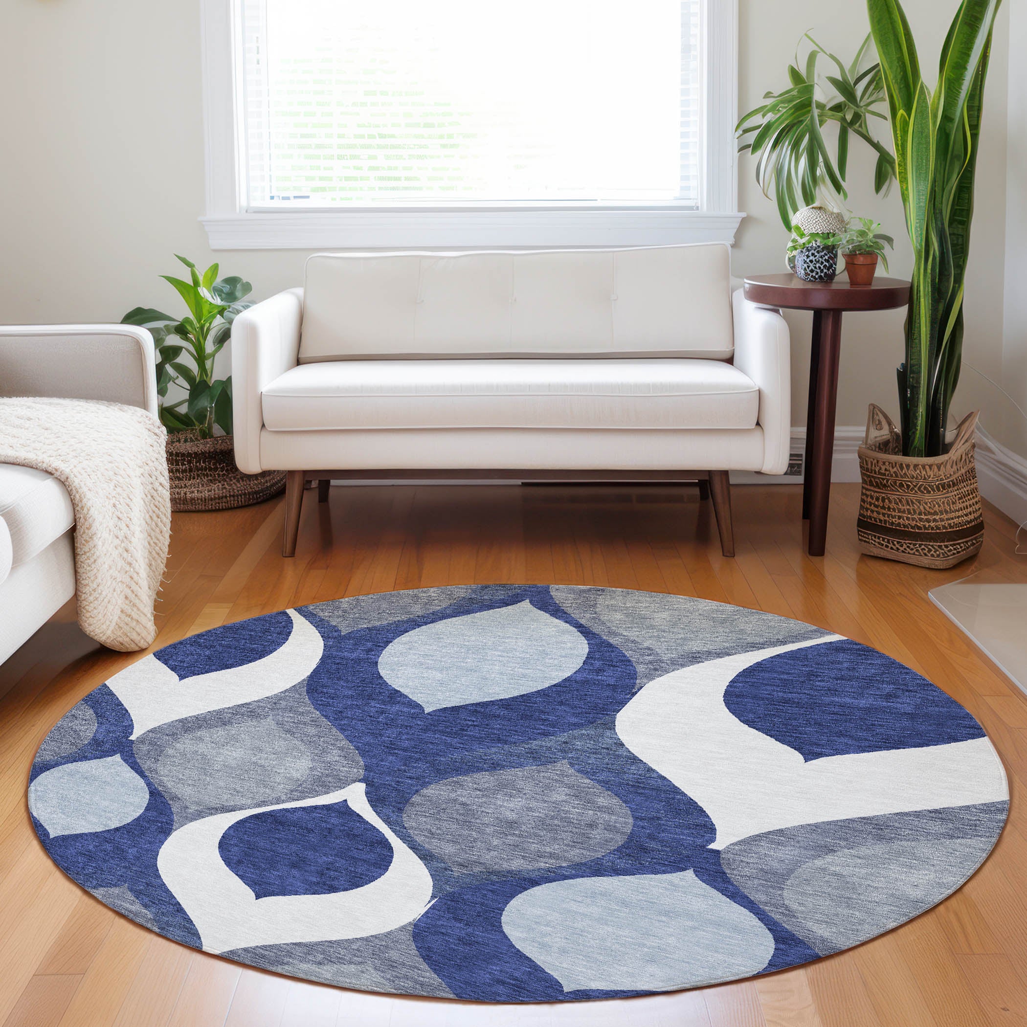 Tbilisi Machine Washable Transitional Navy Blue Rug 8' x 8' #shape_Round