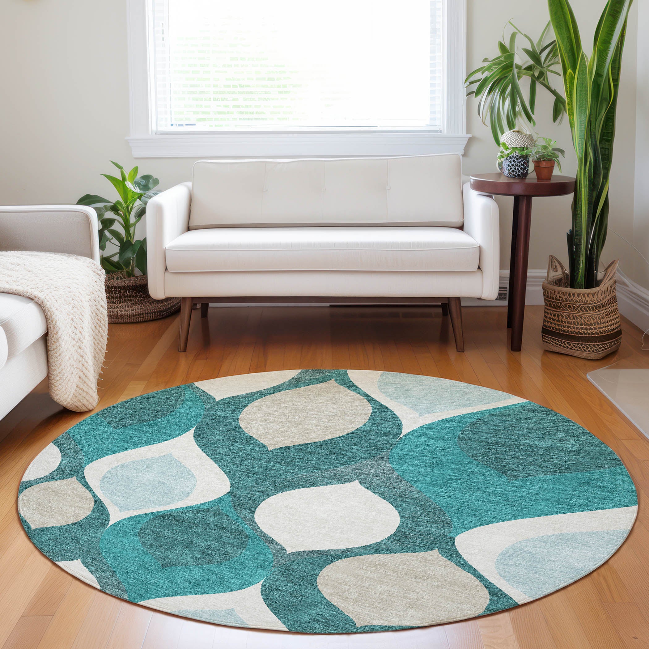 Tbilisi Machine Washable Transitional Teal Rug 8' x 8' #shape_Round