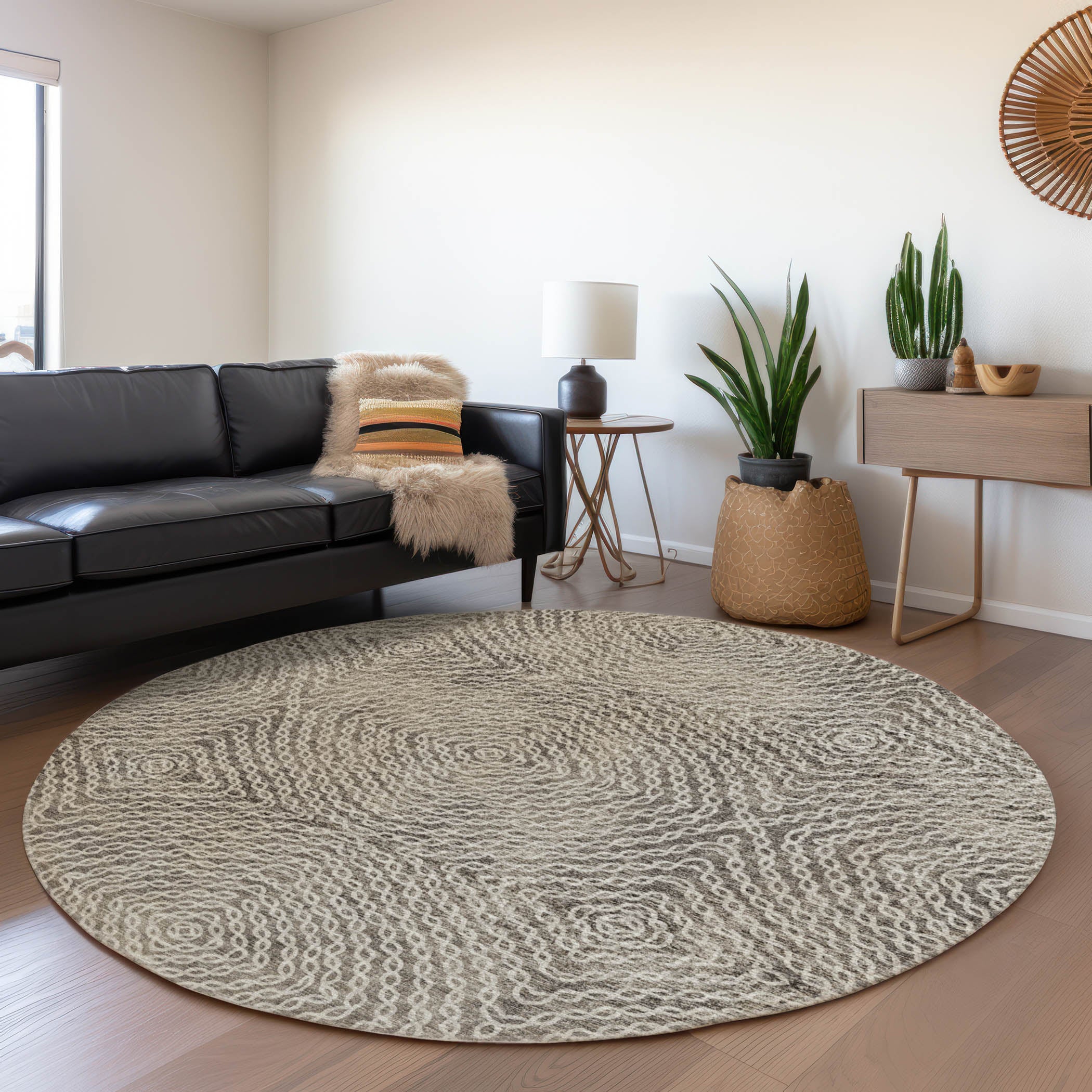 Antigua Machine Washable Transitional Mocha Brown Rug 8' x 8' #shape_Round