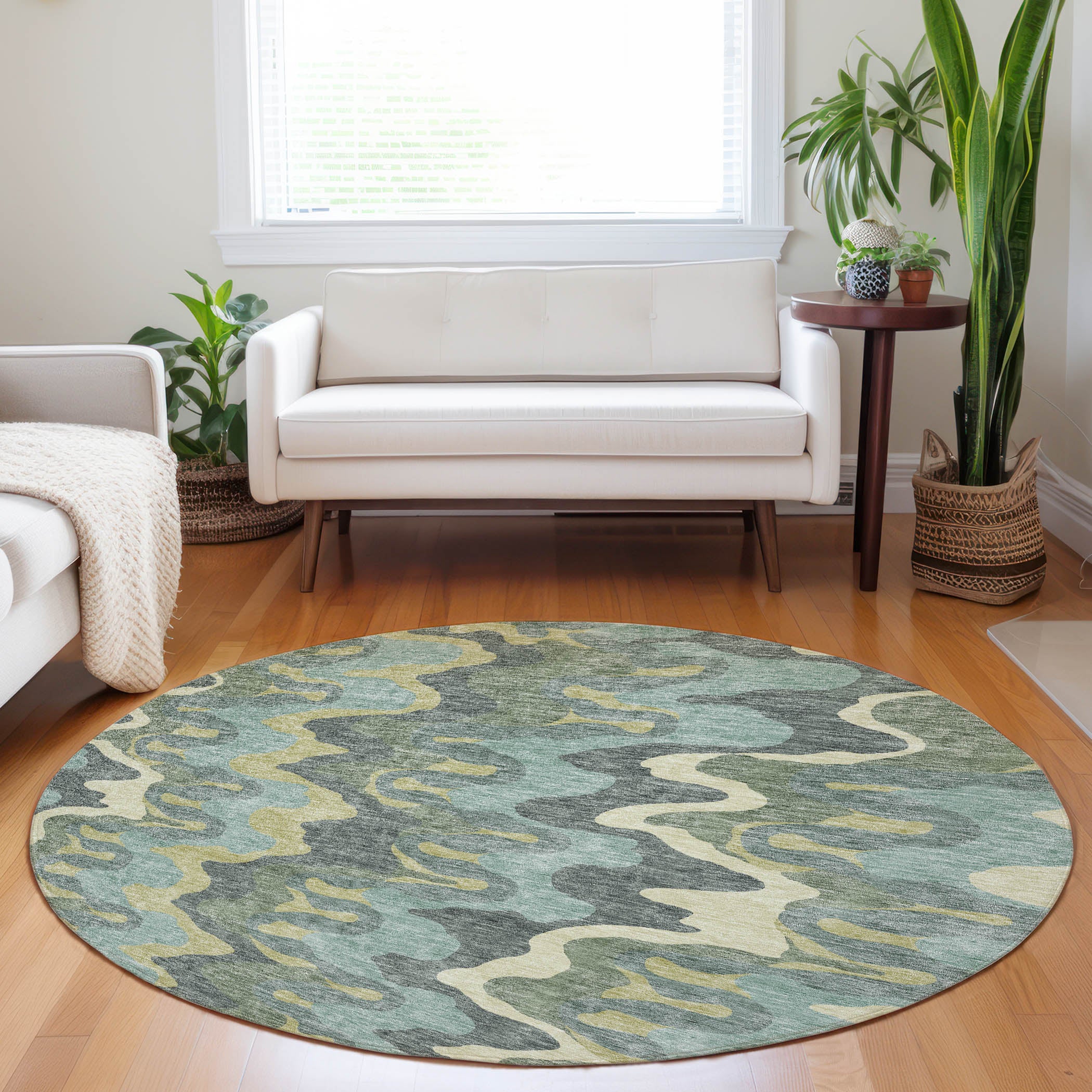 Antigua Machine Washable Transitional Sage Green Rug 8' x 8' #shape_Round