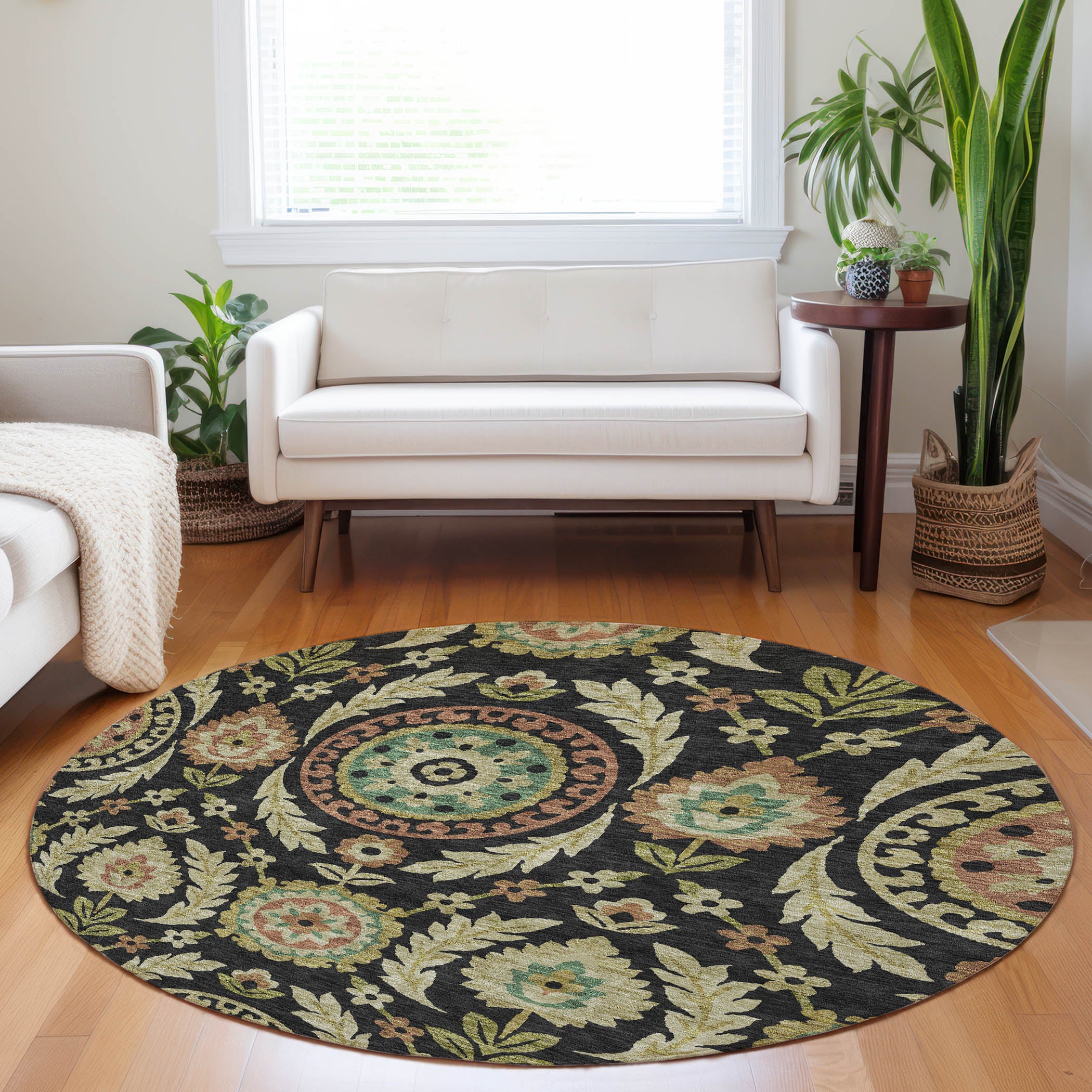 Kyoto Machine Washable Transitional Black Rug 8' x 8' #shape_Round