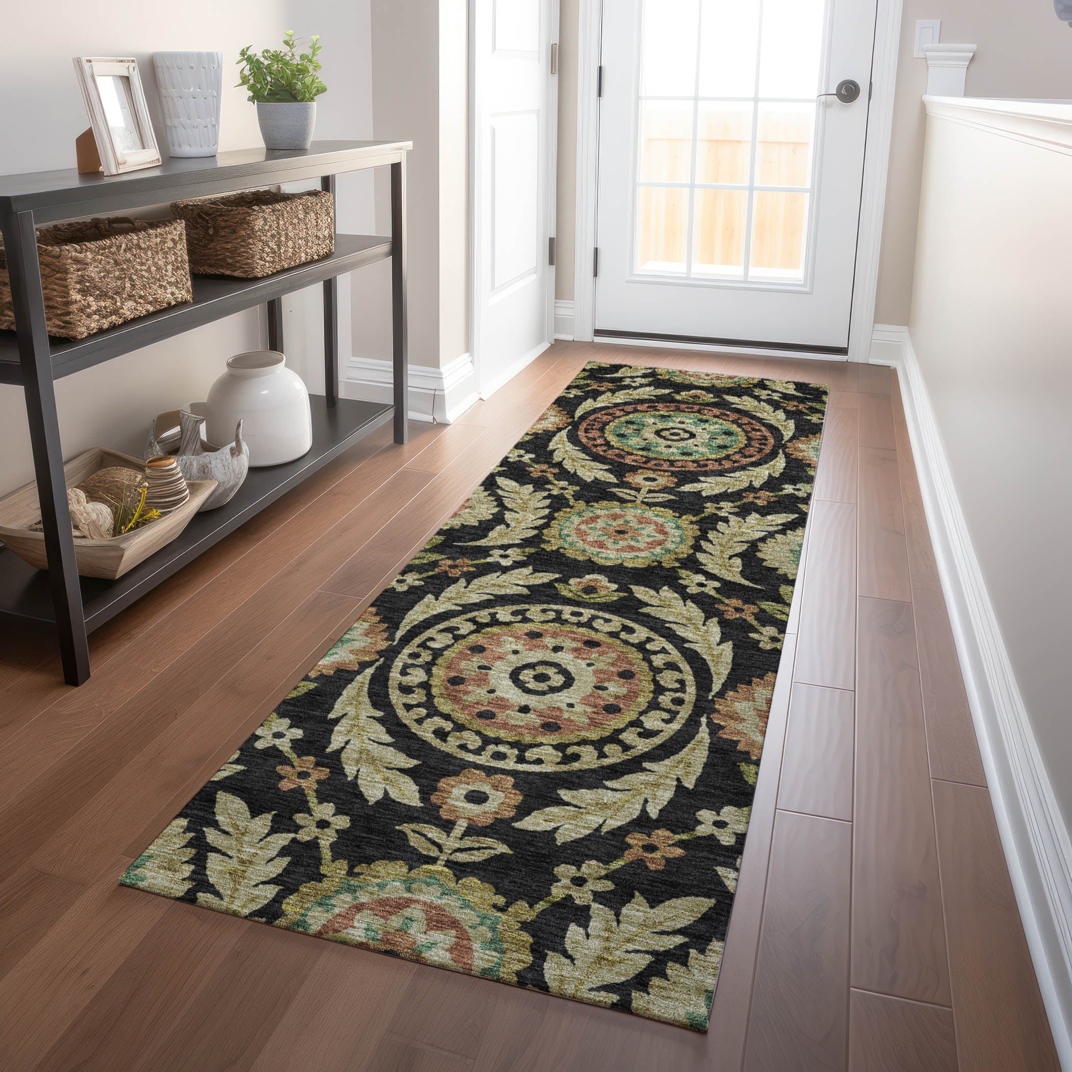 Kyoto Machine Washable Transitional Black Rug 2'3" x 7'6" #shape_Runner