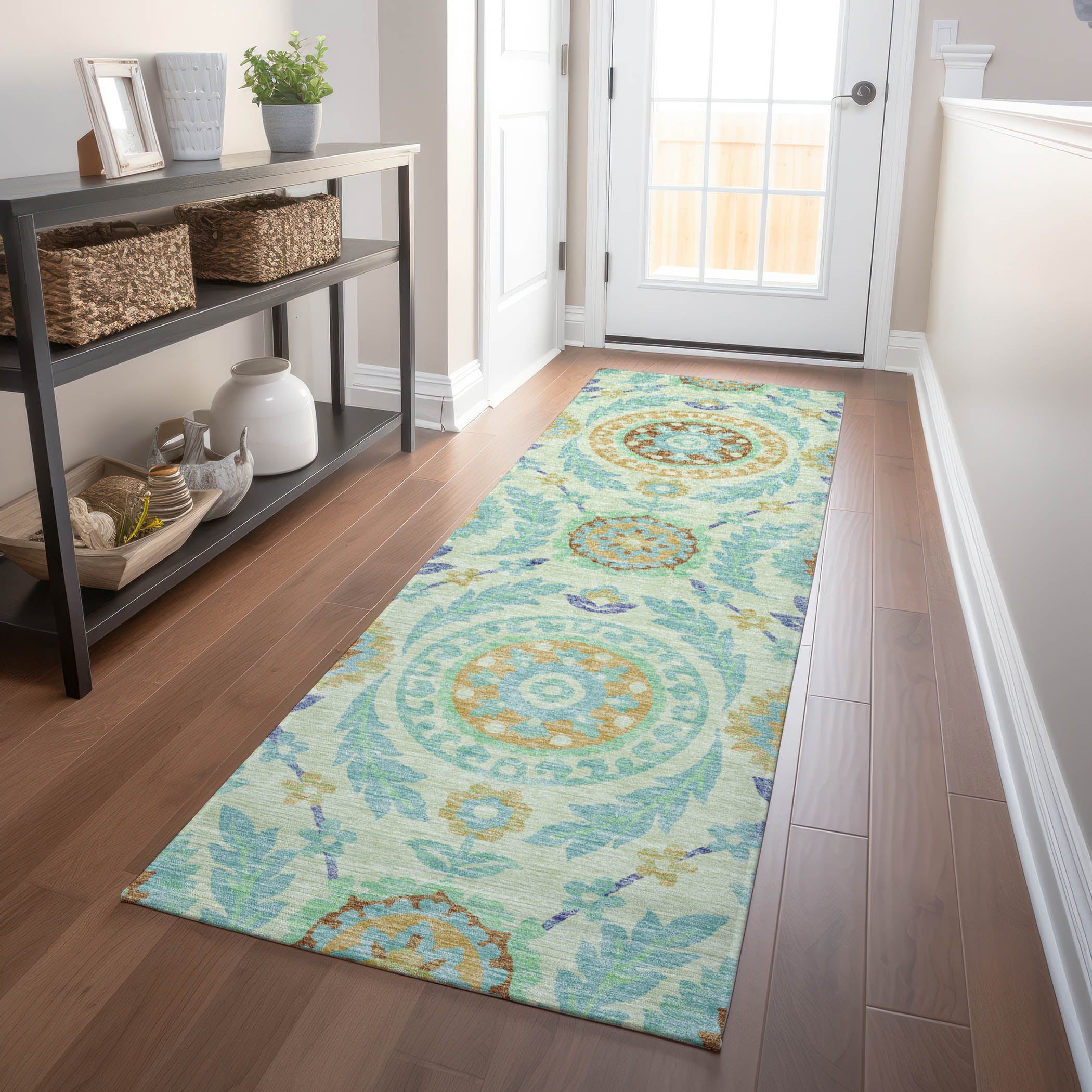 Kyoto Machine Washable Transitional Mint Green Rug 2'3" x 7'6" #shape_Runner
