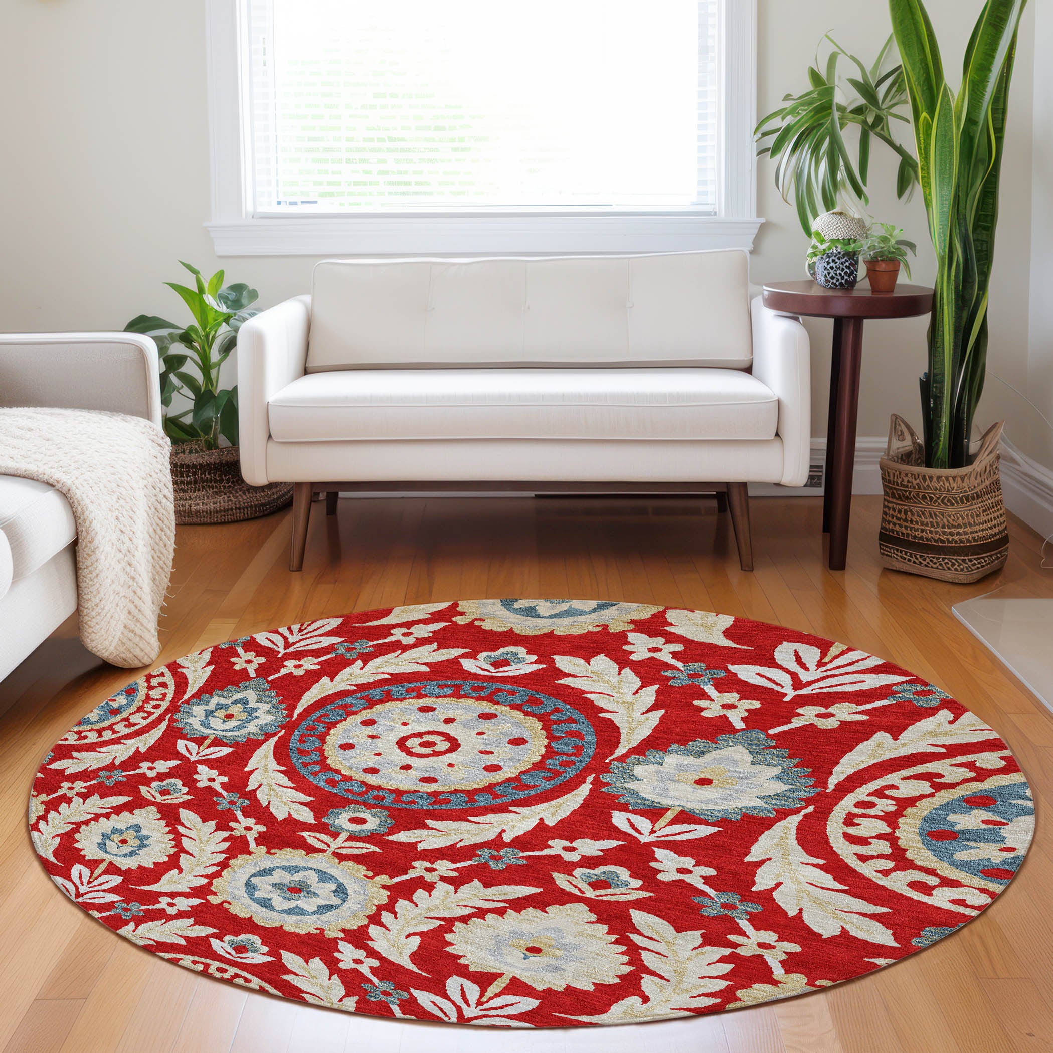 Kyoto Machine Washable Transitional Red Rug 8' x 8' #shape_Round