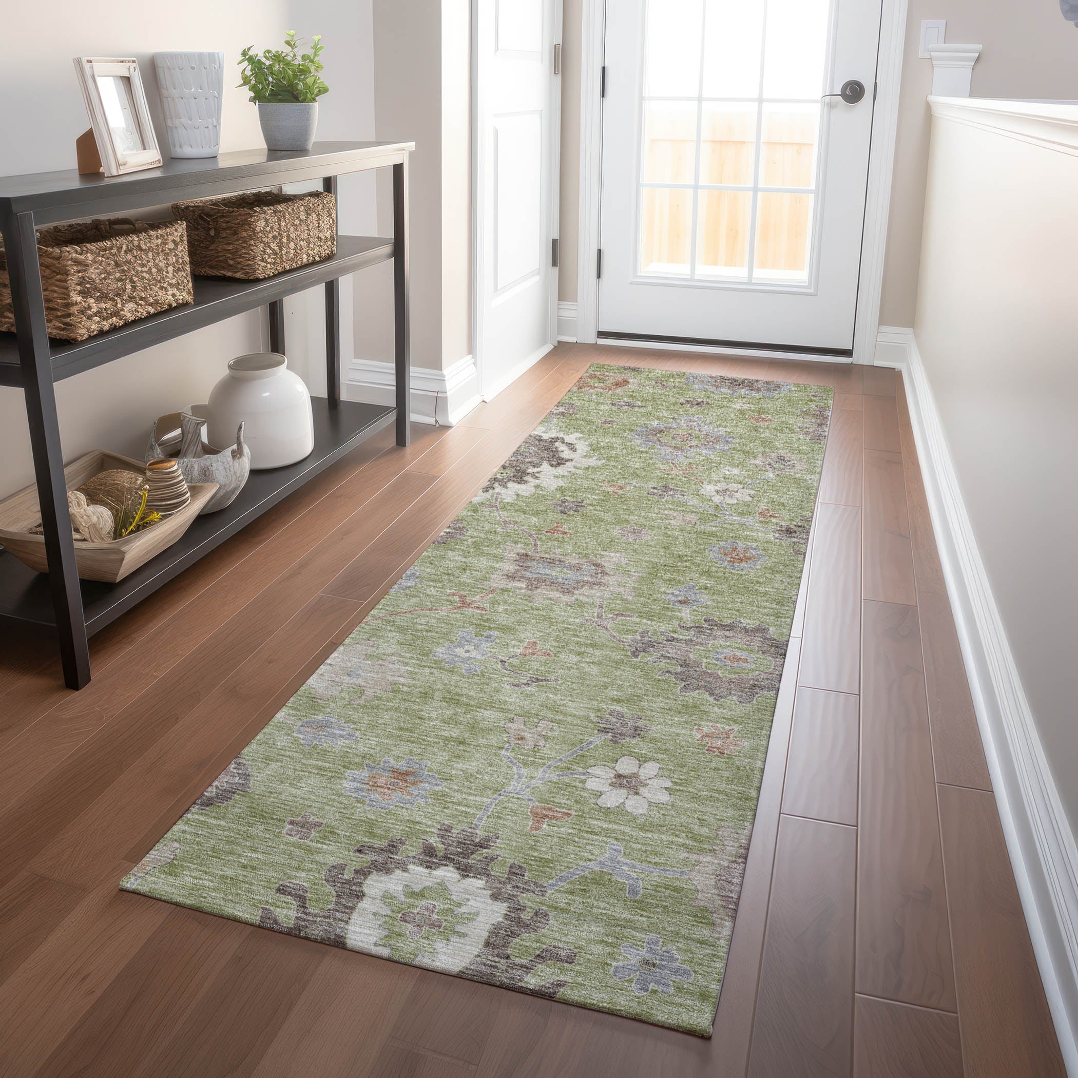 Tallinn Machine Washable Traditional Aloe Green Rug 2'3" x 7'6" #shape_Runner