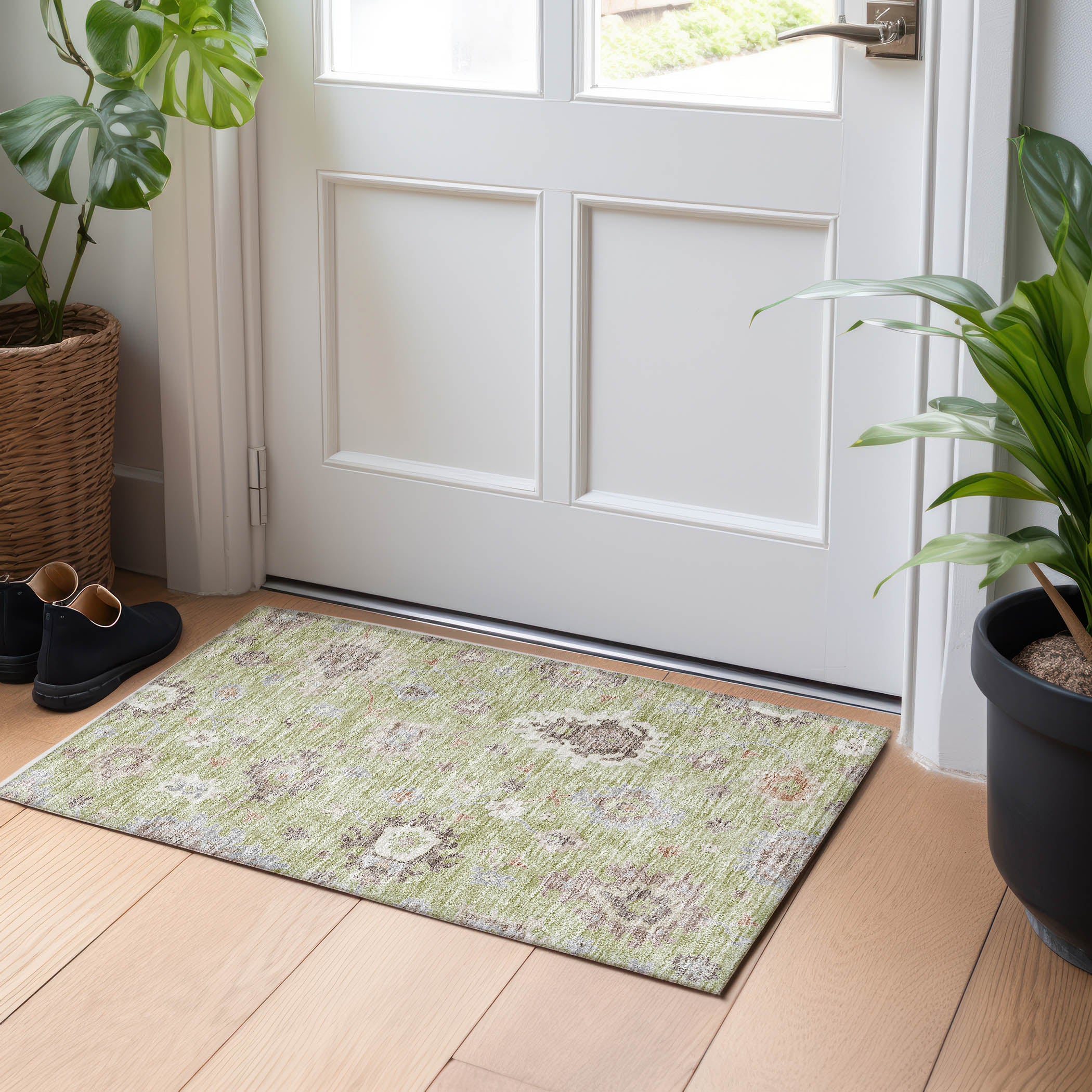 Tallinn Machine Washable Traditional Aloe Green Rug 1'8" x 2'6" #shape_Rectangle