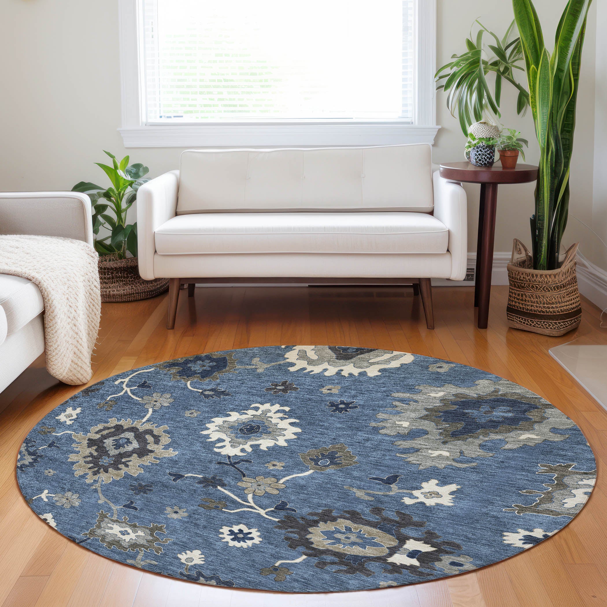 Tallinn Machine Washable Traditional Blue Rug 8' x 8' #shape_Round