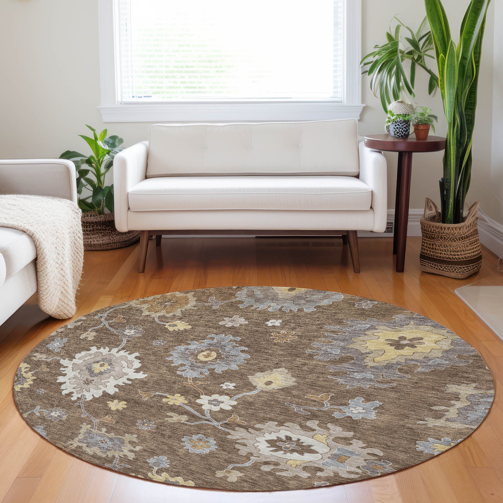 Tallinn Machine Washable Traditional Chocolate Brown Rug 8' x 8' #shape_Round