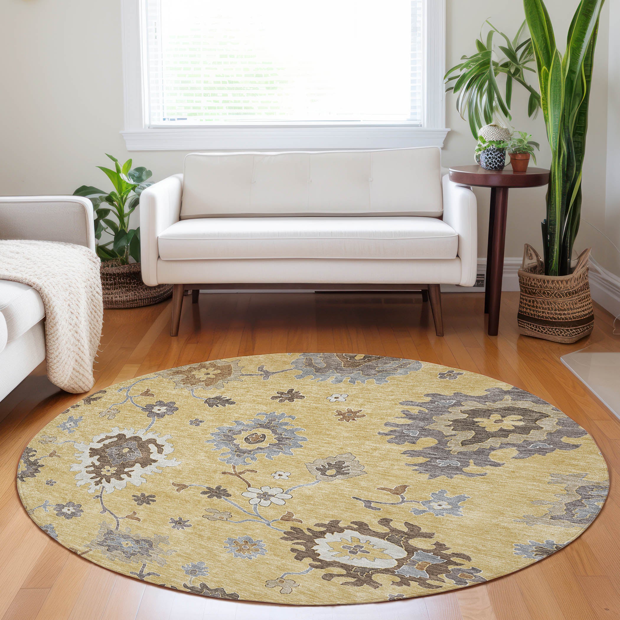 Tallinn Machine Washable Traditional Gold Rug 8' x 8' #shape_Round