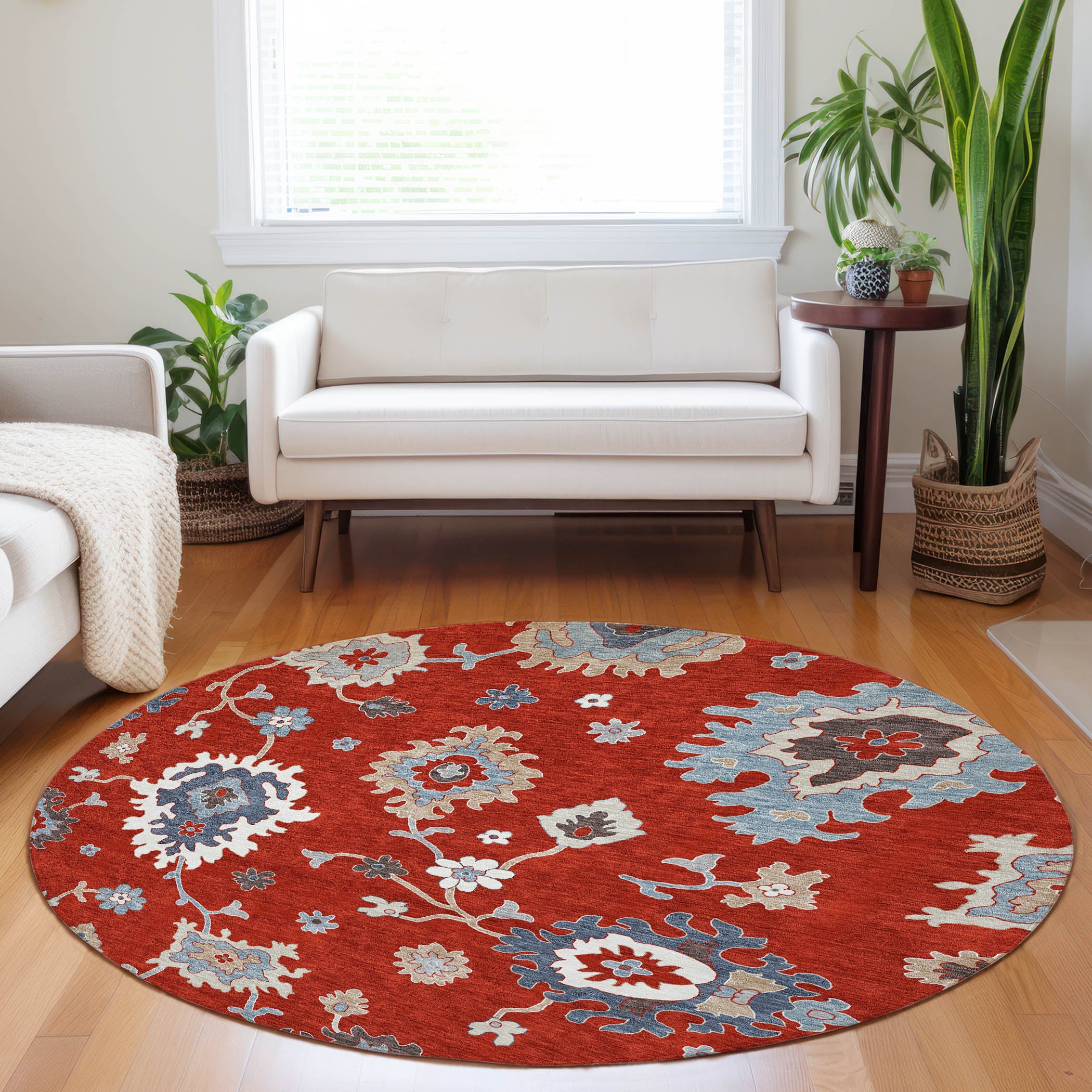 Tallinn Machine Washable Traditional Red Rug 8' x 8' #shape_Round