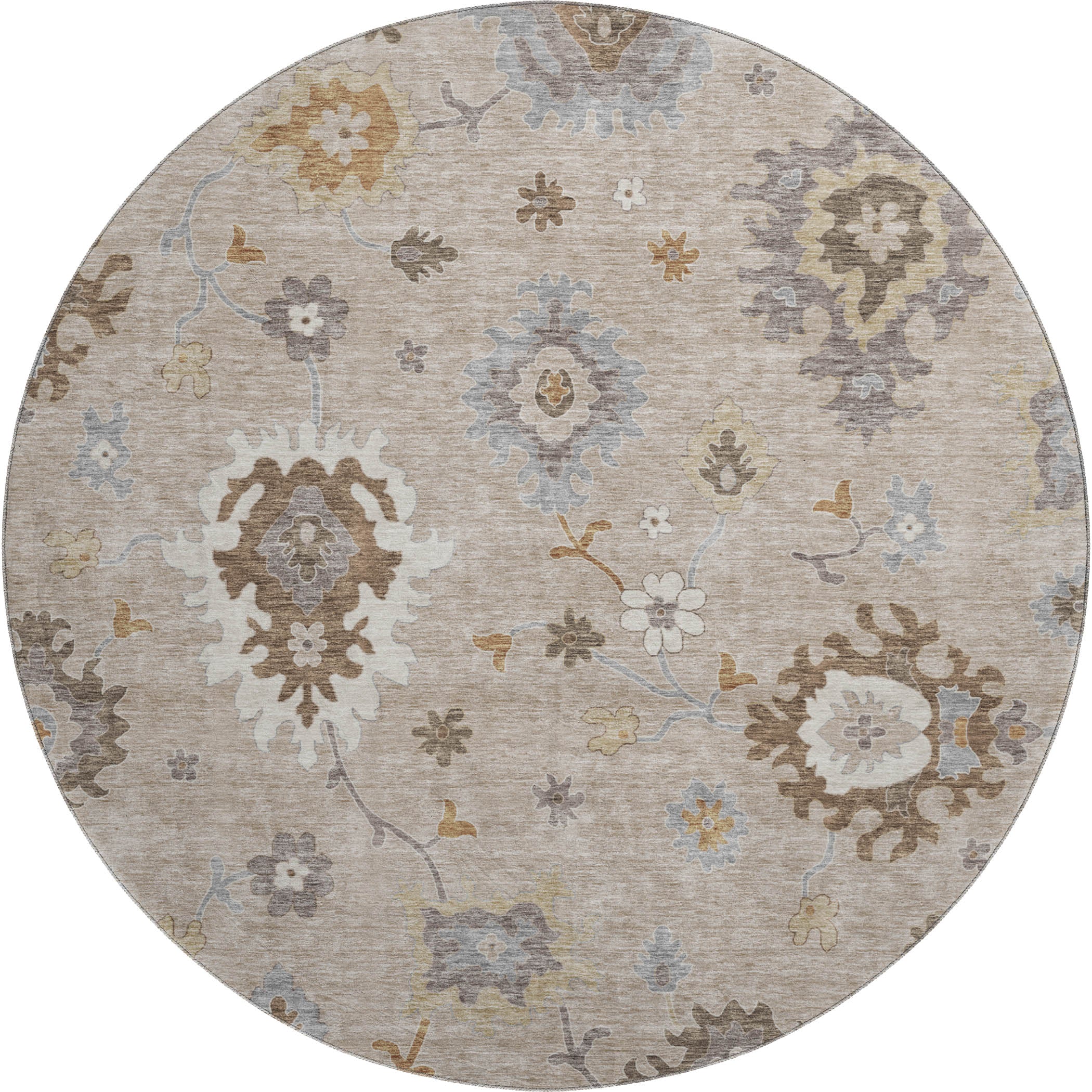 Tallinn Machine Washable Traditional Taupe Brown Rug 8' x 8' #shape_Round