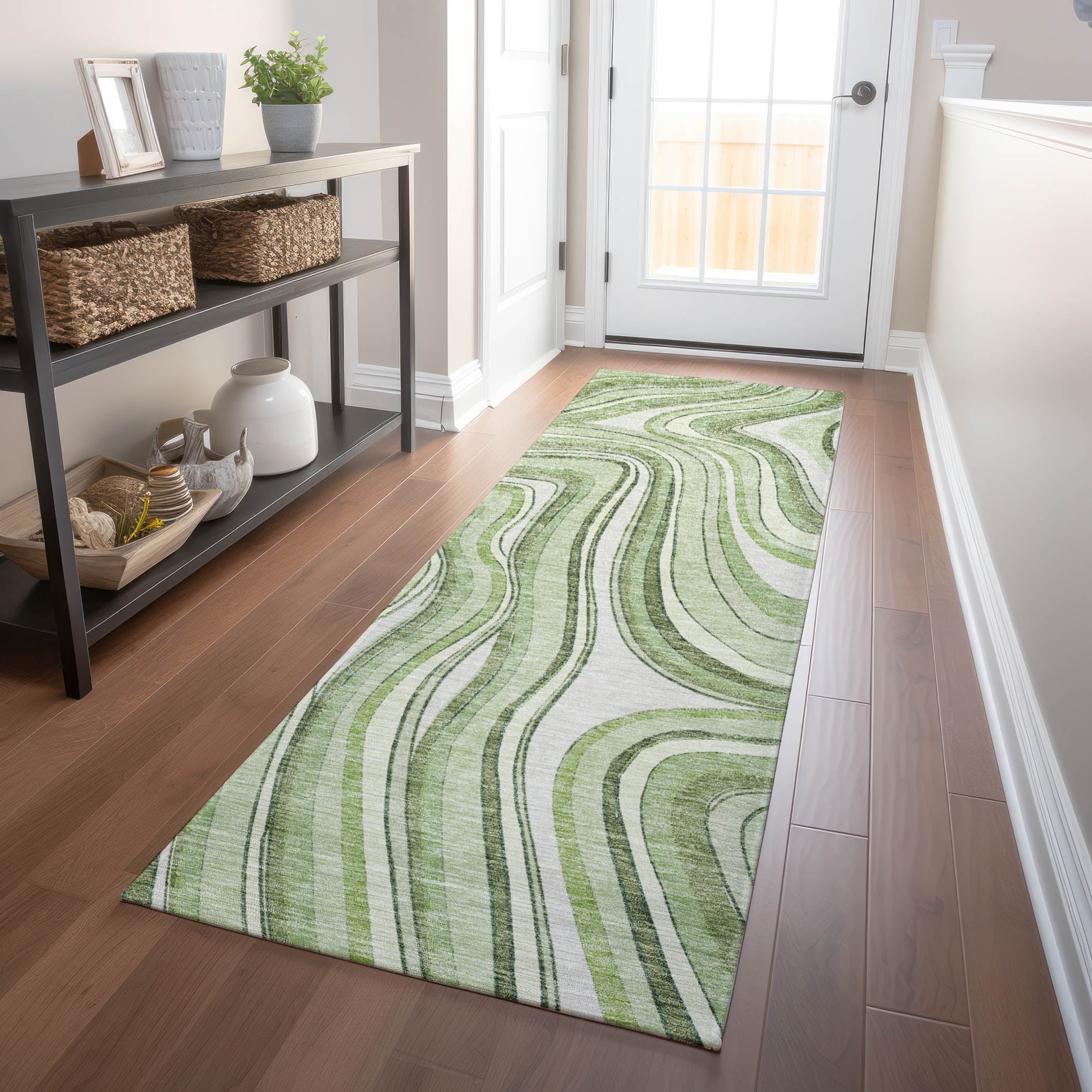 Zanzibar Machine Washable Transitional Aloe Green Rug 2'3" x 7'6" #shape_Runner