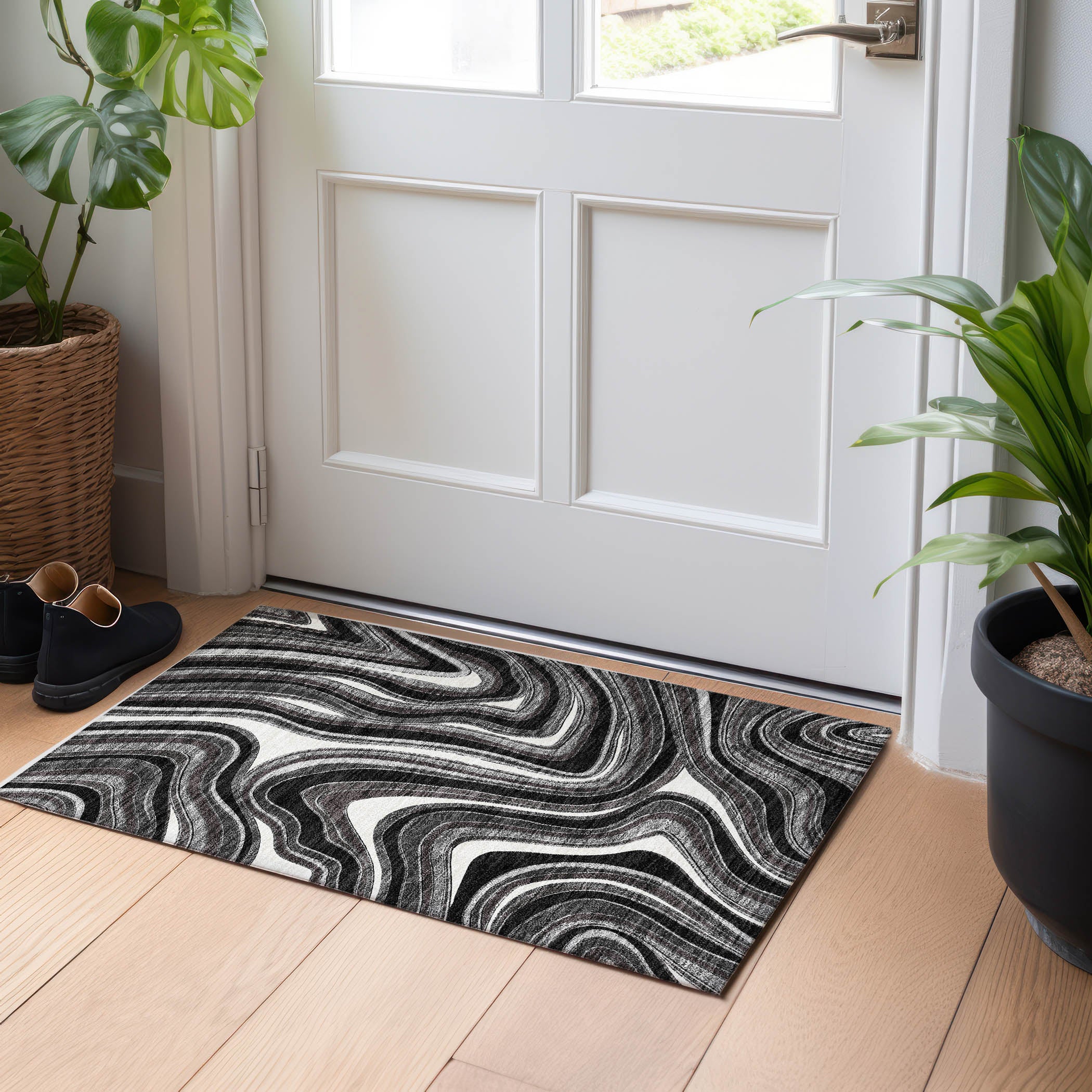 Zanzibar Machine Washable Transitional Black Rug 1'8" x 2'6" #shape_Rectangle