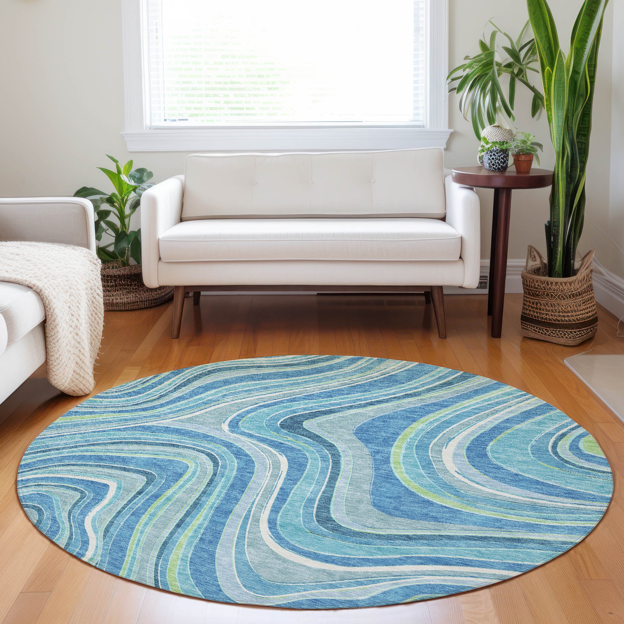 Zanzibar Machine Washable Transitional Blue Rug 8' x 8' #shape_Round