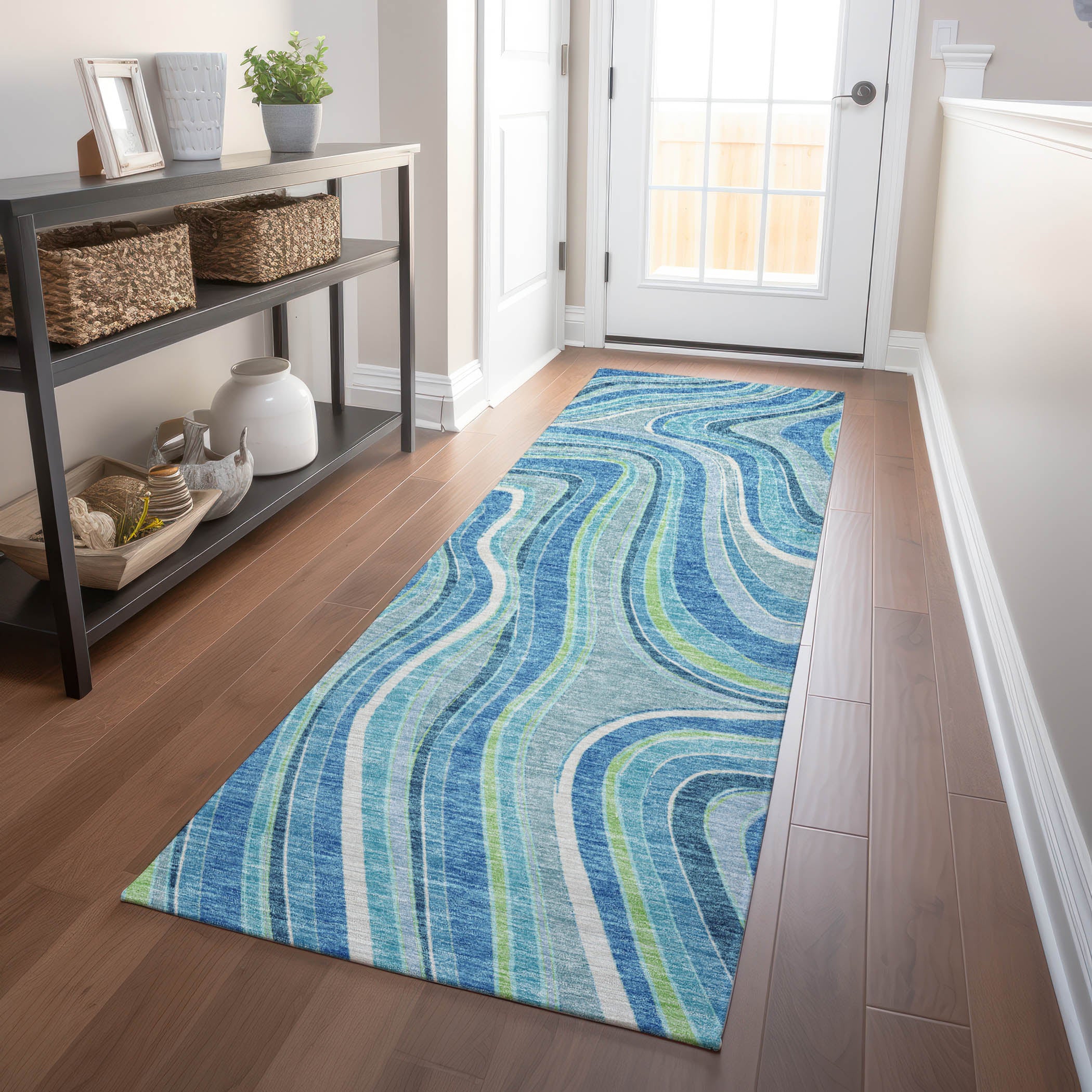 Zanzibar Machine Washable Transitional Blue Rug 2'3" x 7'6" #shape_Runner