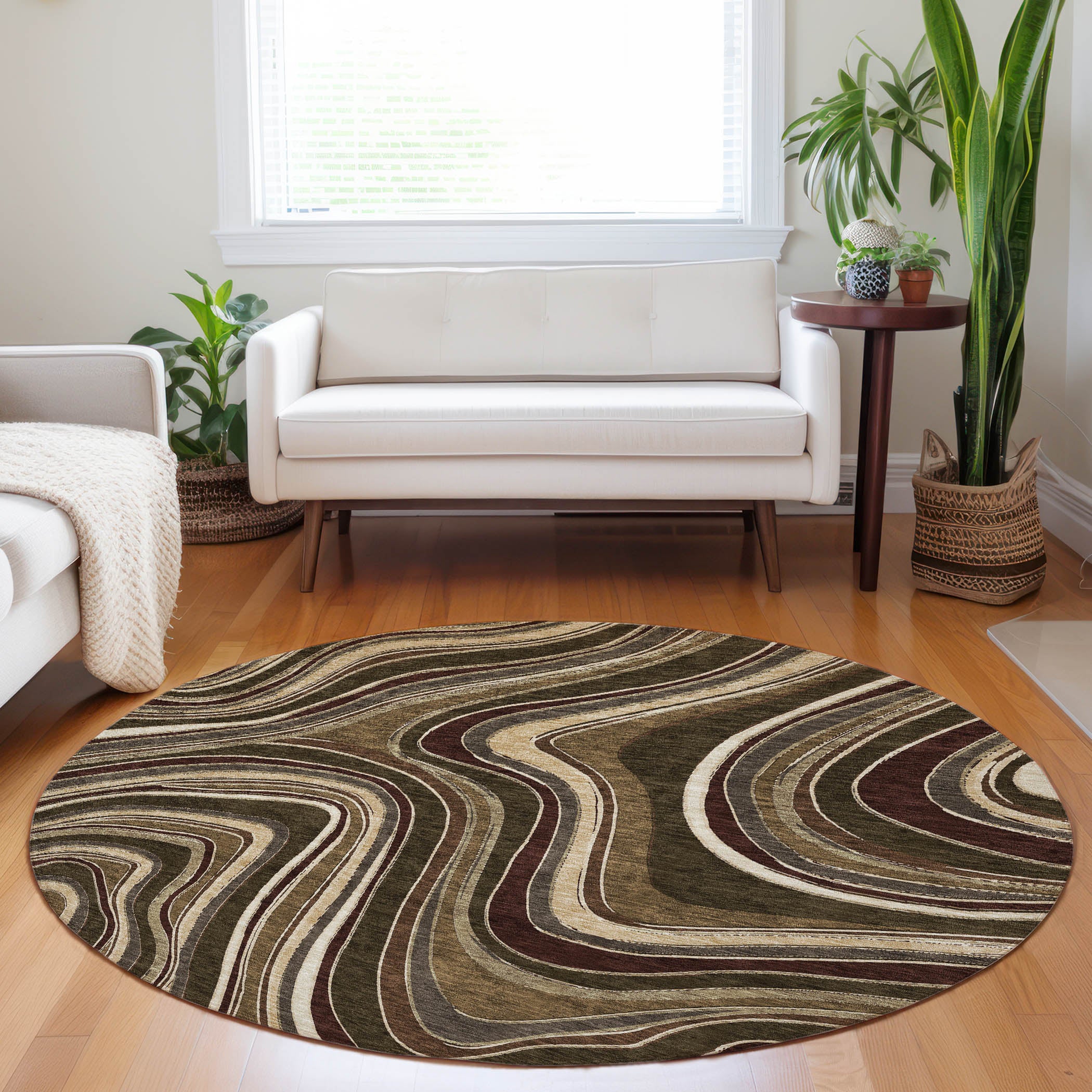 Zanzibar Machine Washable Transitional Fudge Brown Rug 8' x 8' #shape_Round