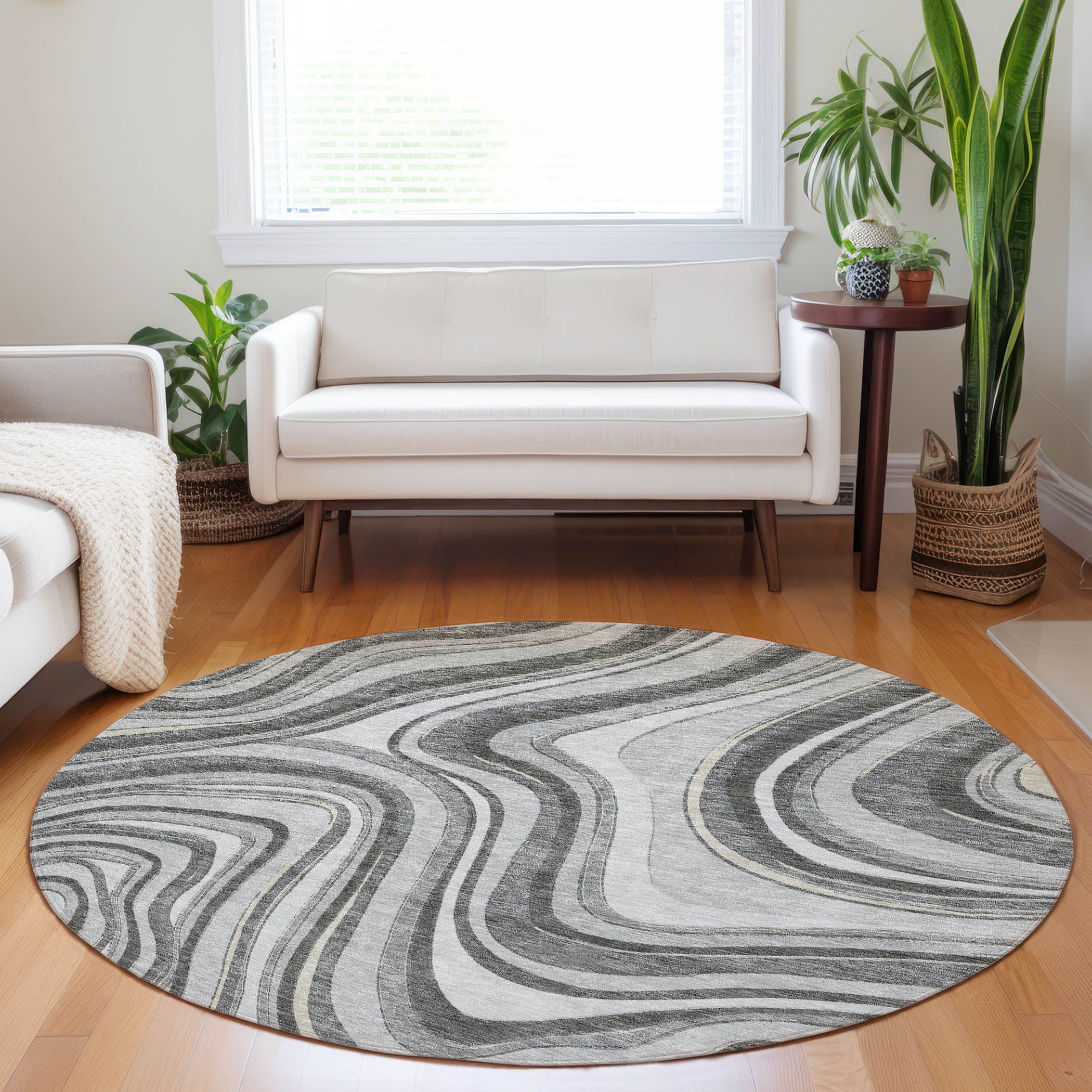 Zanzibar Machine Washable Transitional Gray Rug 8' x 8' #shape_Round