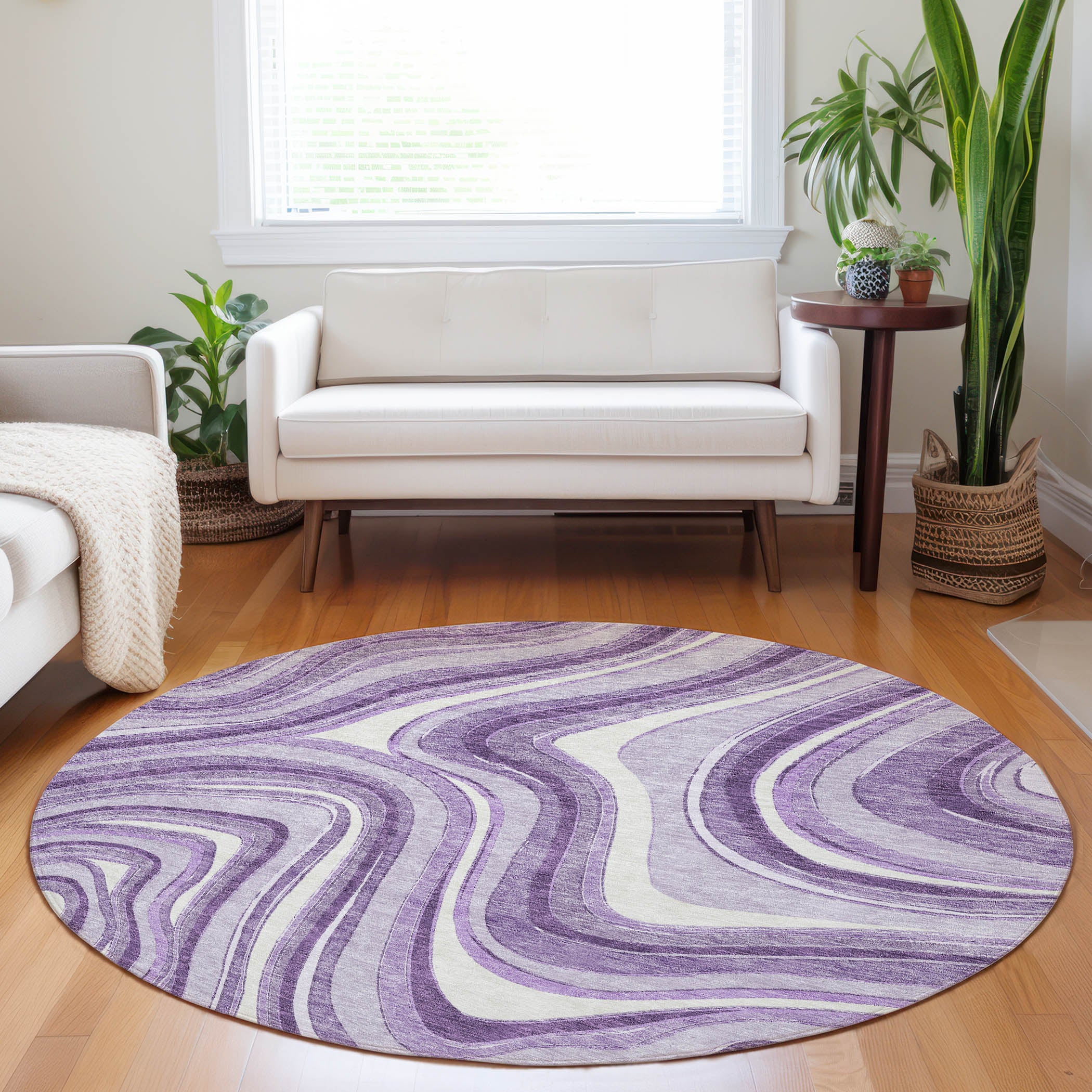 Zanzibar Machine Washable Transitional Lavender Purple Rug 8' x 8' #shape_Round