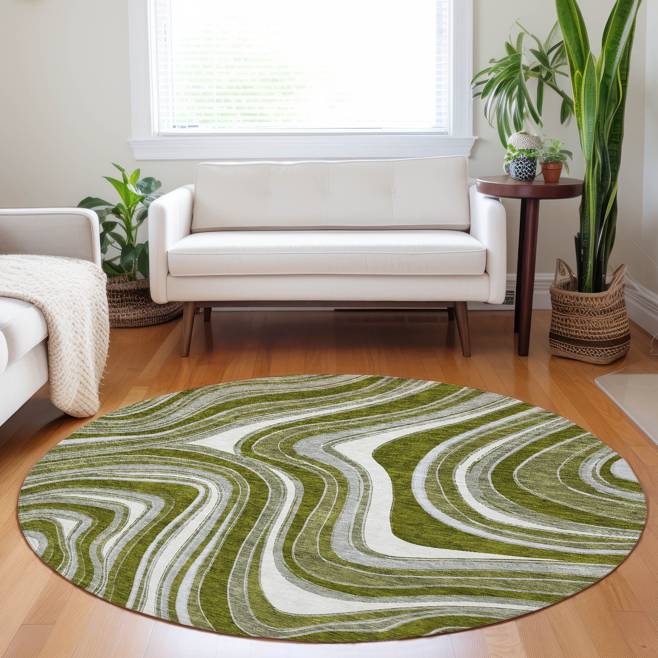 Zanzibar Machine Washable Transitional Olive Green Rug 8' x 8' #shape_Round