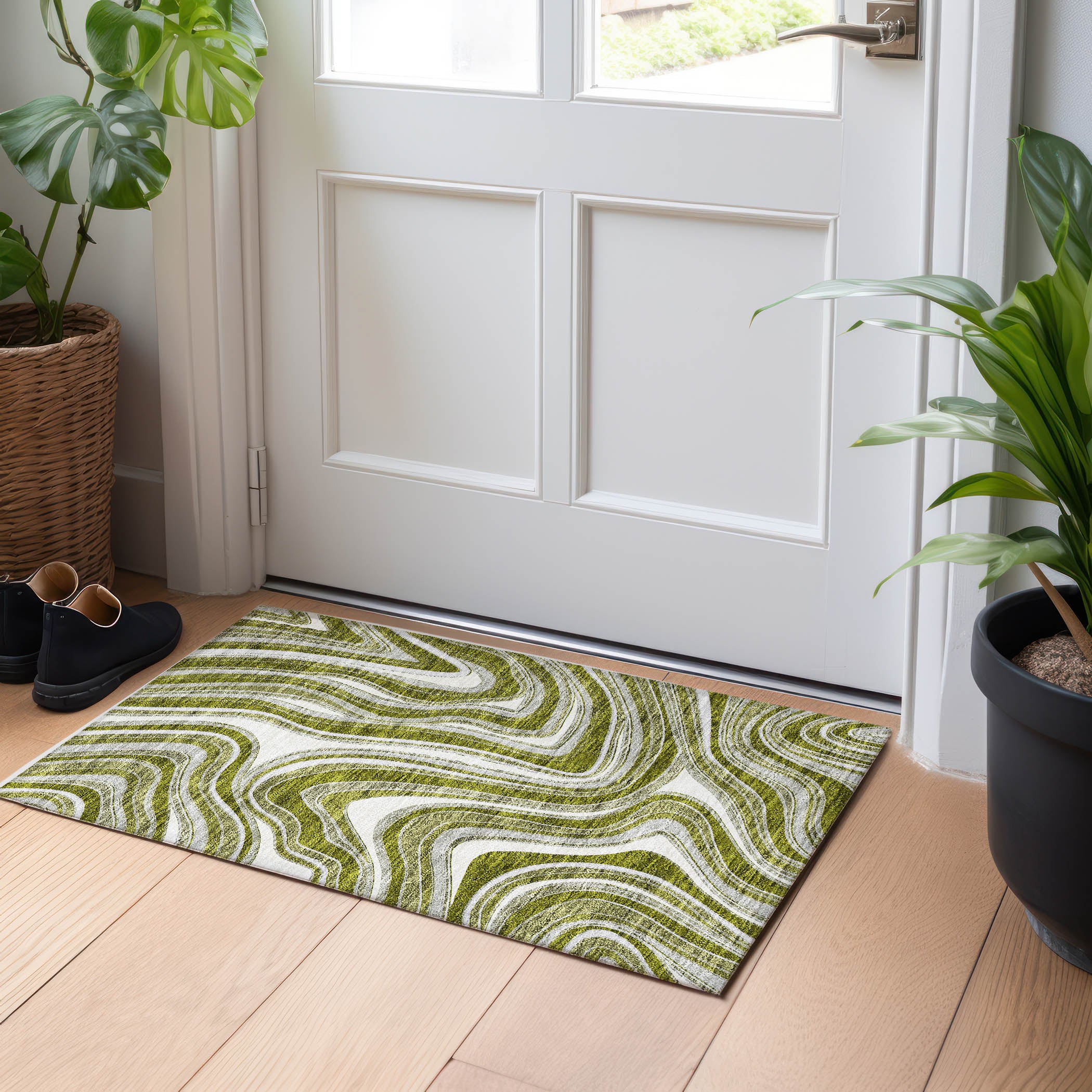 Zanzibar Machine Washable Transitional Olive Green Rug 1'8" x 2'6" #shape_Rectangle