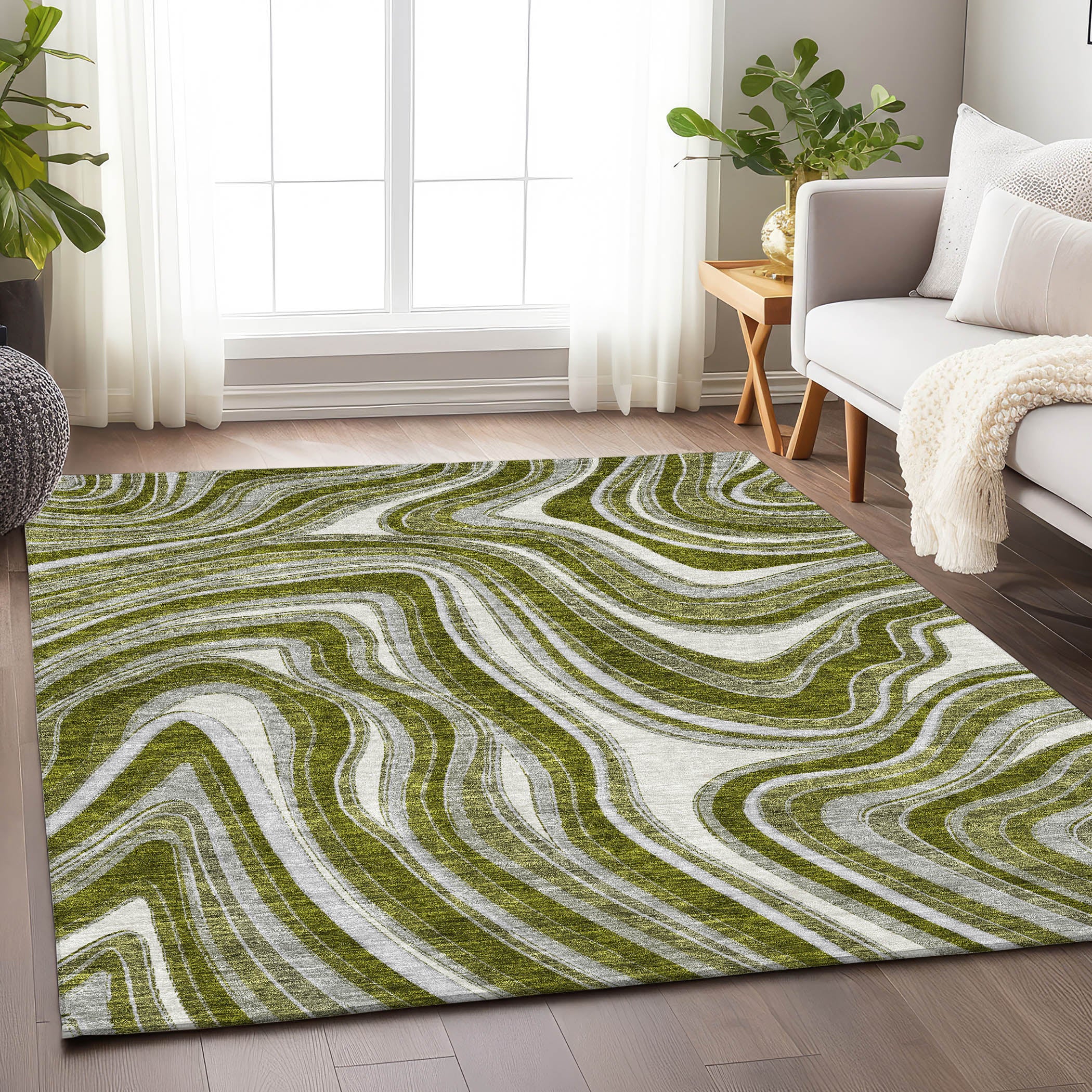 Zanzibar Machine Washable Transitional Olive Green Rug 2'6" x 3'10" #shape_Rectangle