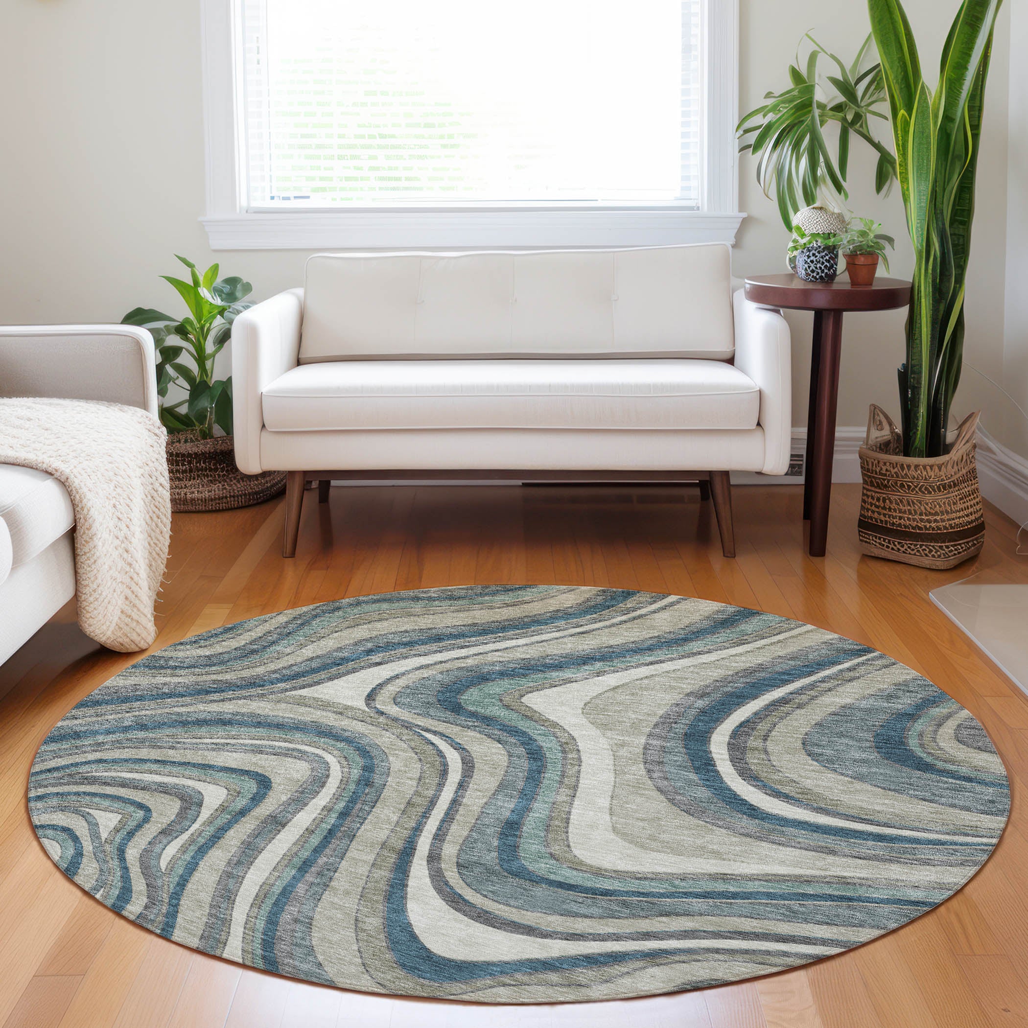 Zanzibar Machine Washable Transitional Teal Rug 8' x 8' #shape_Round