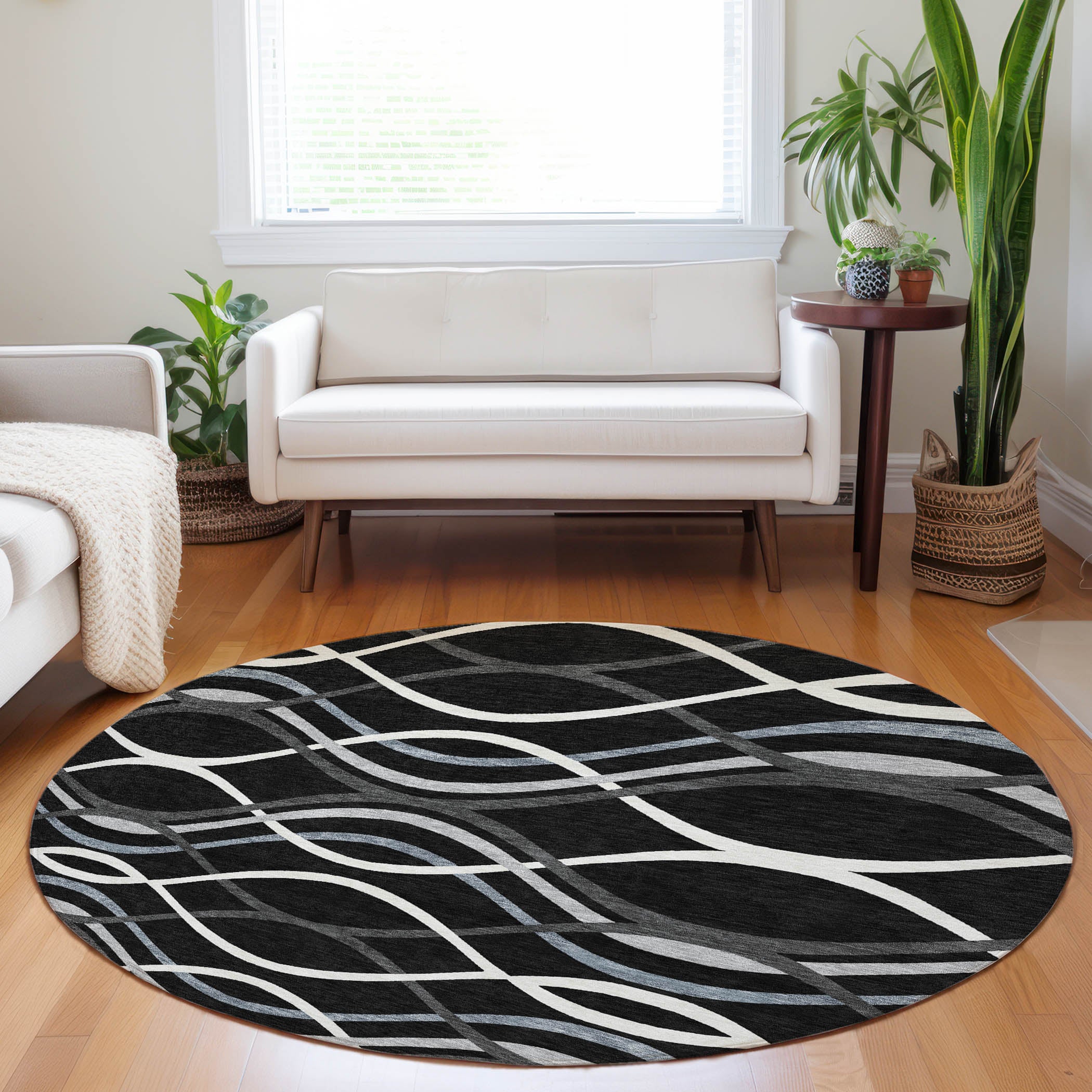 Dublin Machine Washable Transitional Black Rug 8' x 8' #shape_Round