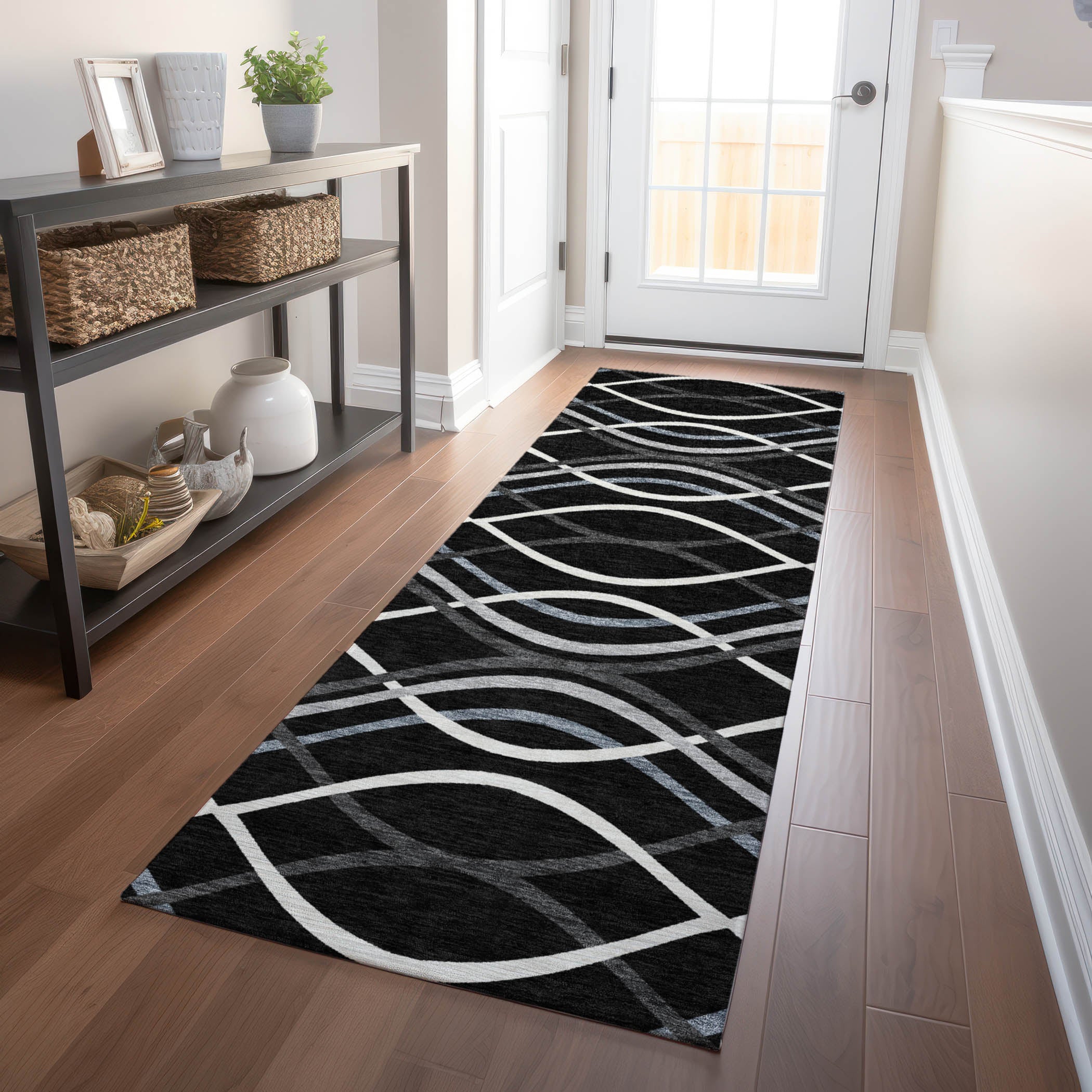 Dublin Machine Washable Transitional Black Rug 2'3" x 7'6" #shape_Runner